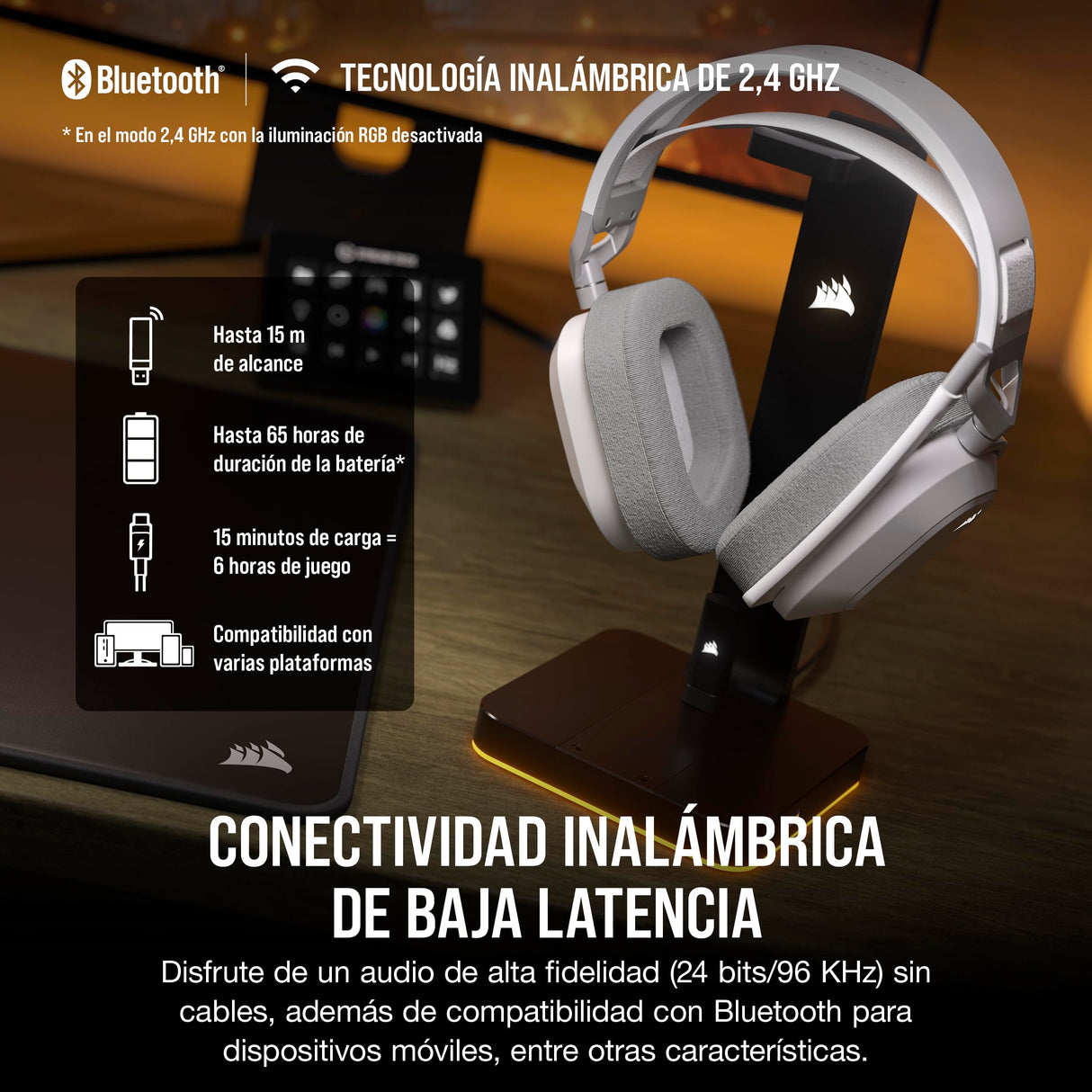 Corsair HS80 MAX Wireless Auriculares para Juegos Multiplataforma con Bluetooth – Dolby Atmos – Micrófono de Calidad Broadcast – Compatible con iCUE – PC, Mac, PS5, PS4, Switch, Móvil – Blanco