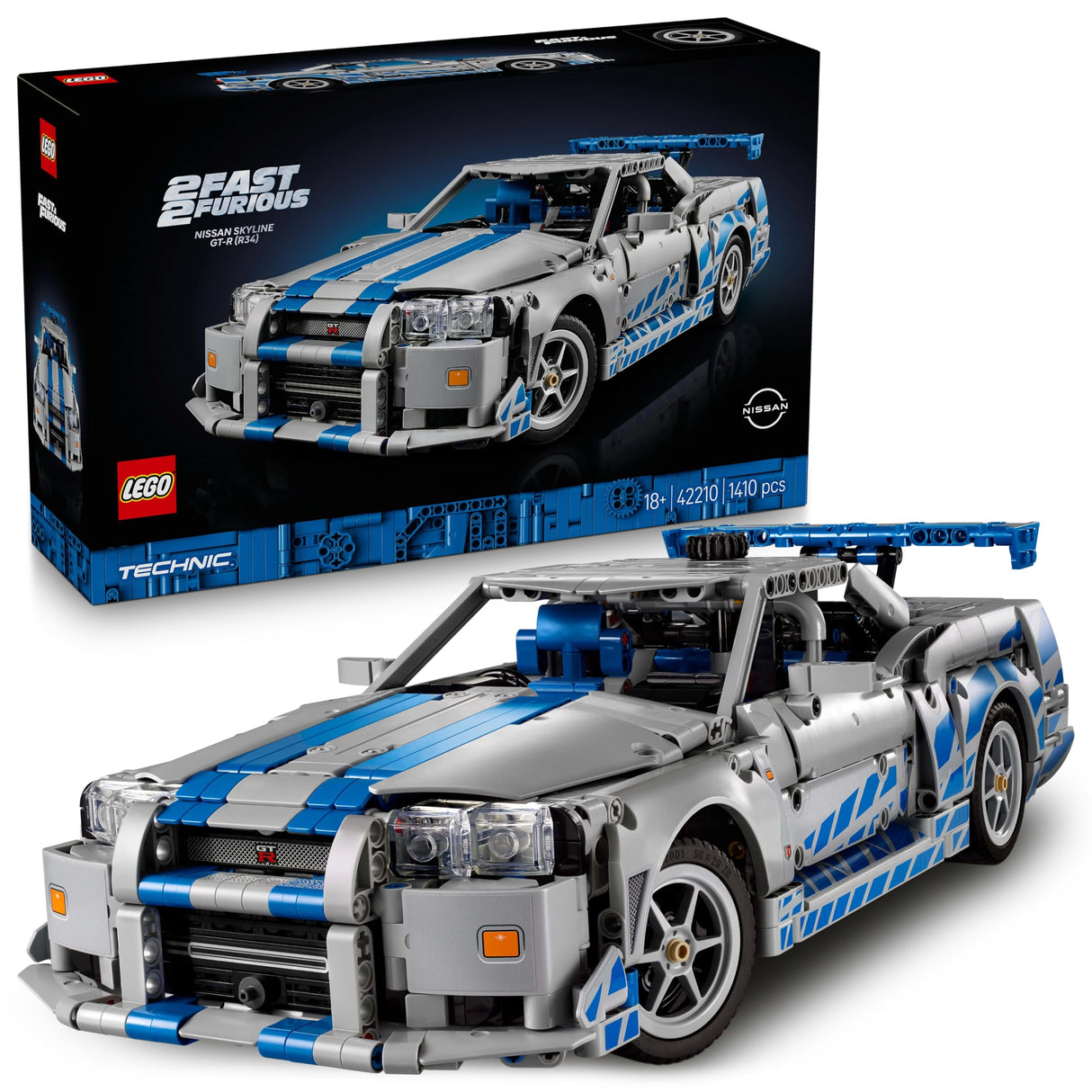 LEGO Technic Coche Nissan Skyline GT-R (R34) de 2 Fast 2 Furious - Kit de Maqueta de Coche para Adultos - Función de Derrape, Dirección, Suspensión y Motor de 6 Cilindros - Regalo para Hombres 42210