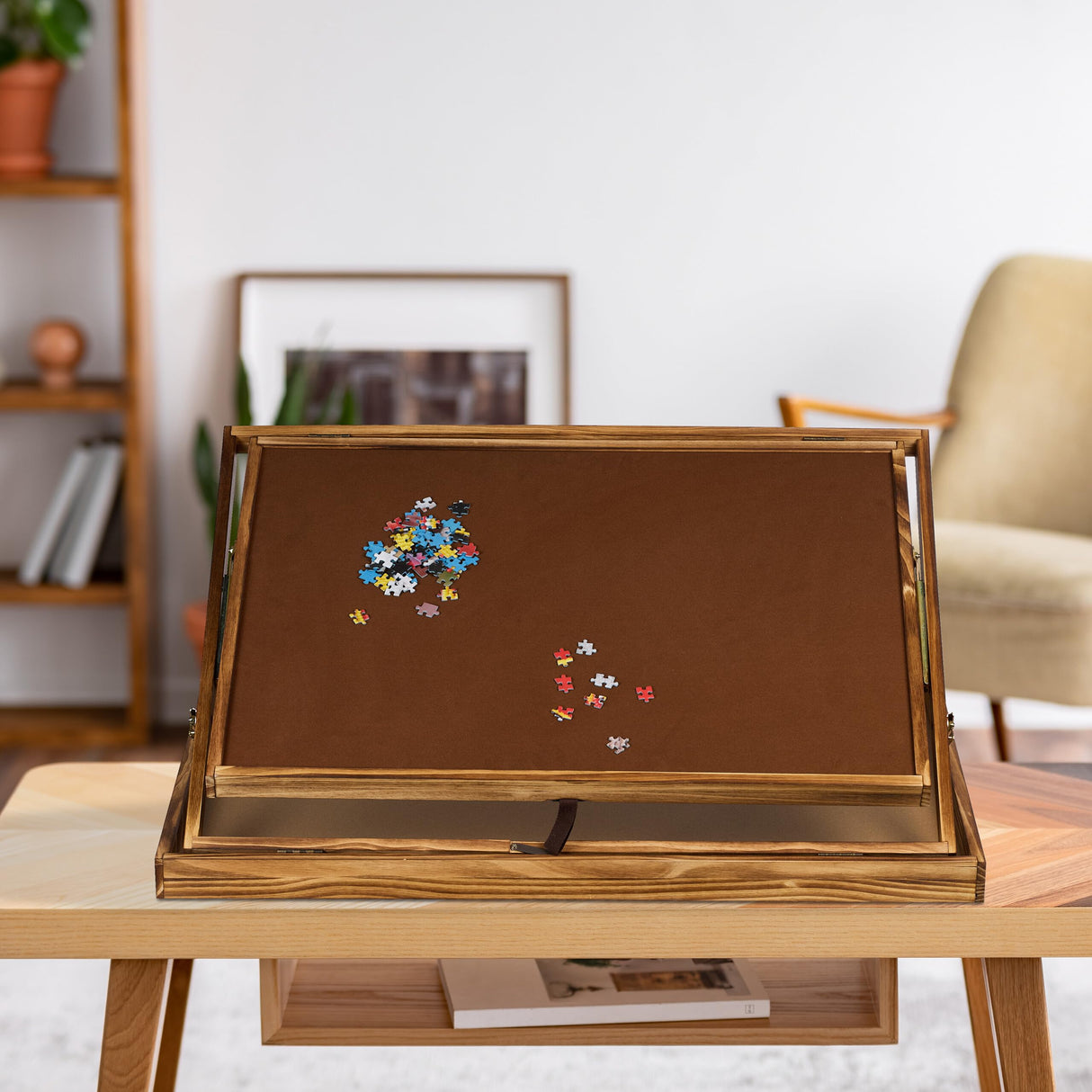 Relaxdays Puzzletisch Tablero de Puzle, Mesa de Rompecabezas Altura Ajustable, para 1000 y 1500 Piezas, Reversible, Madera, Natural, Fieltro, 38 x 93 x 74,5 cm