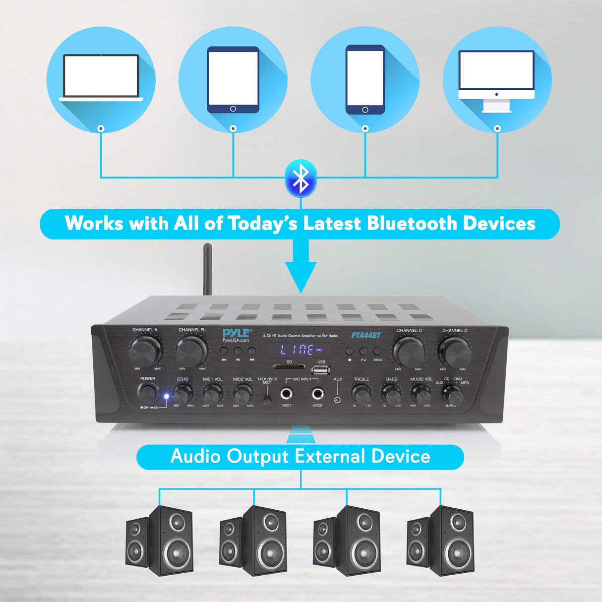 Pyle PTA44BT - Amplificador Bluetooth inalámbrico de 500 W, Audio estéreo de 4 Canales, Receptor de Potencia de Sonido con Entrada AUX, FM, Altavoces de subwoofer RCA, USB, Entrada de micrófono con