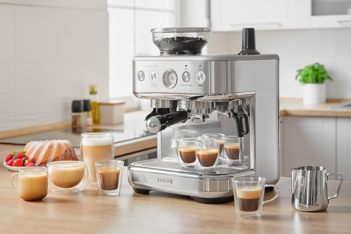 cafetera automatica con molinillo Sencor - cafetera grano con molinillo Barista Express, acero inoxidable cepillado, tanque de agua y café de gran capacidad, boquilla de vapor de cappuccino SES 6010SS