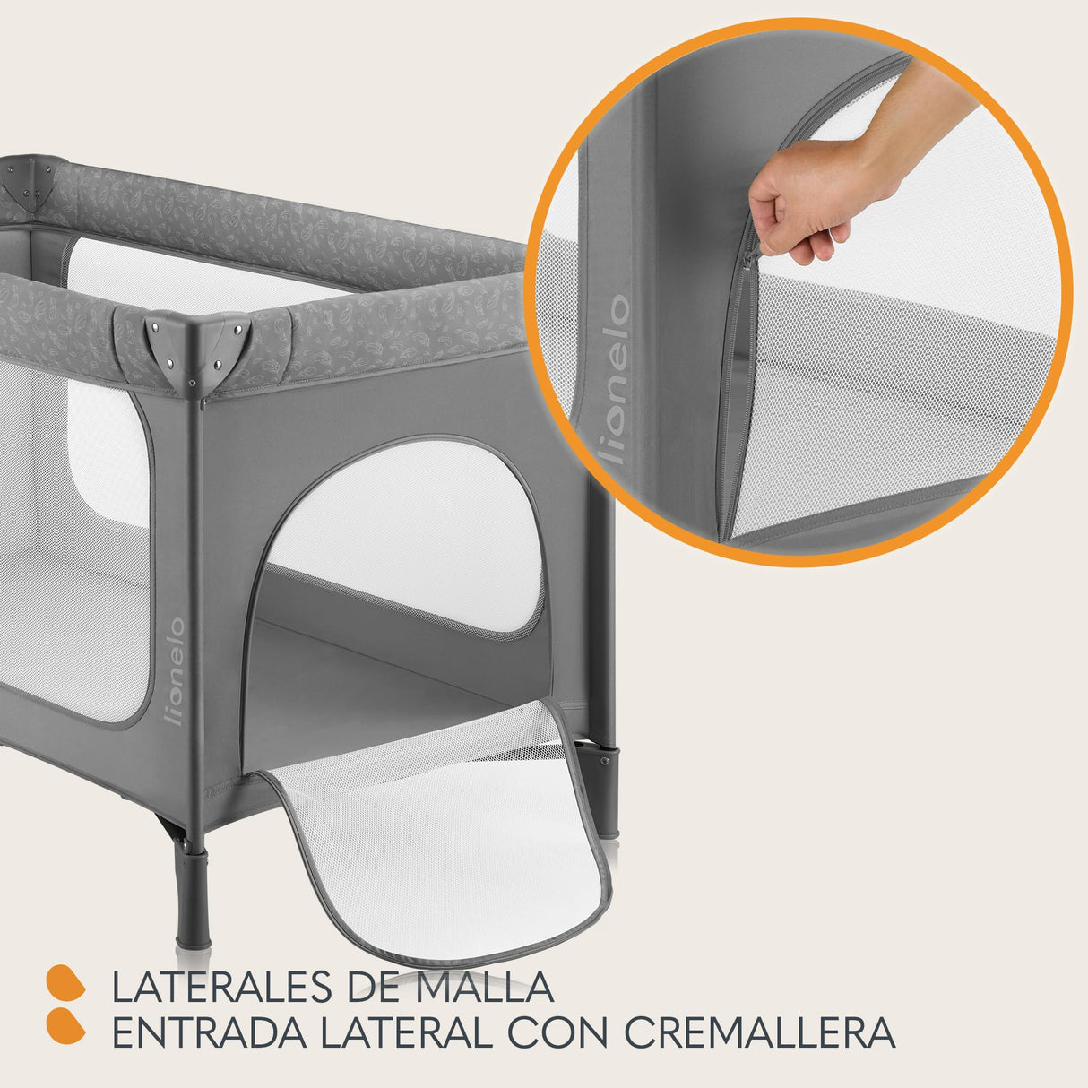 lionelo Jasmin Easy FoldCuna de Viaje para Niños de hasta 15 kg de 0 a 36 Meses Colchón de Espuma T25, 2 Niveles de Altura, Easy Fold, Entrada Lateral, Ruedas (Grey Stone)
