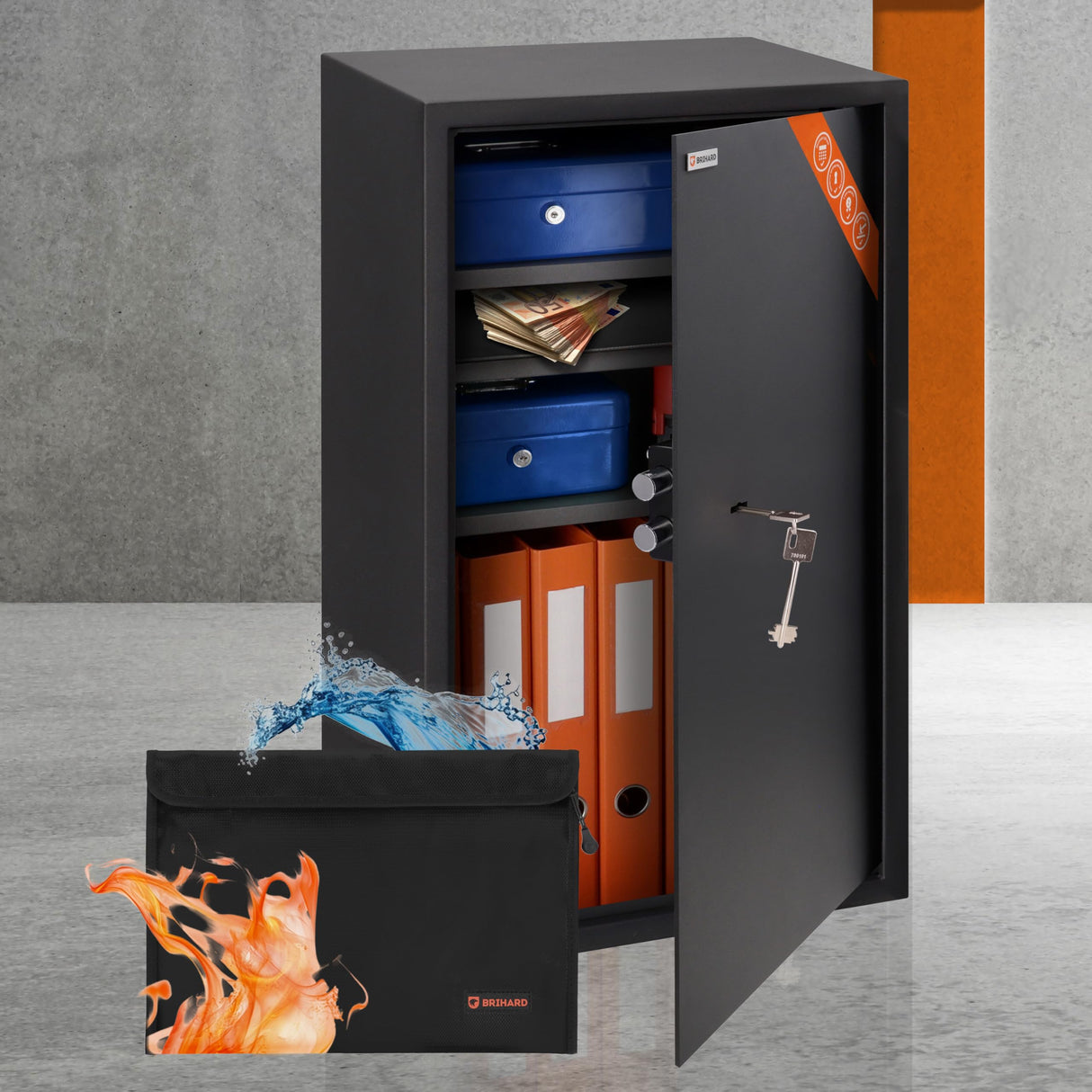 Brihard Business XXL Caja Fuerte con Llave Grande de 73x40x36cm con Bolsa A4 Ignífuga, para la Oficina 102L, con 3 Estantes Ajustables en Altura, para Documentos, Dinero y Joyas