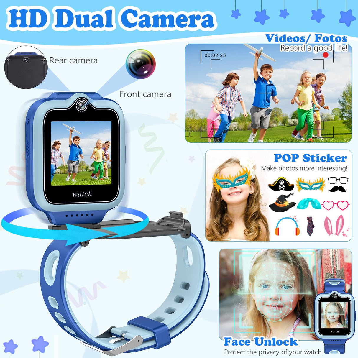 ele ELEOPTION 4G GPS Reloj Inteligente Impermeable para niños y niñas, Llamada bidireccional, Chat de Voz y vídeo, cámara, SOS, Reproductor de vídeo Musical, Alarma