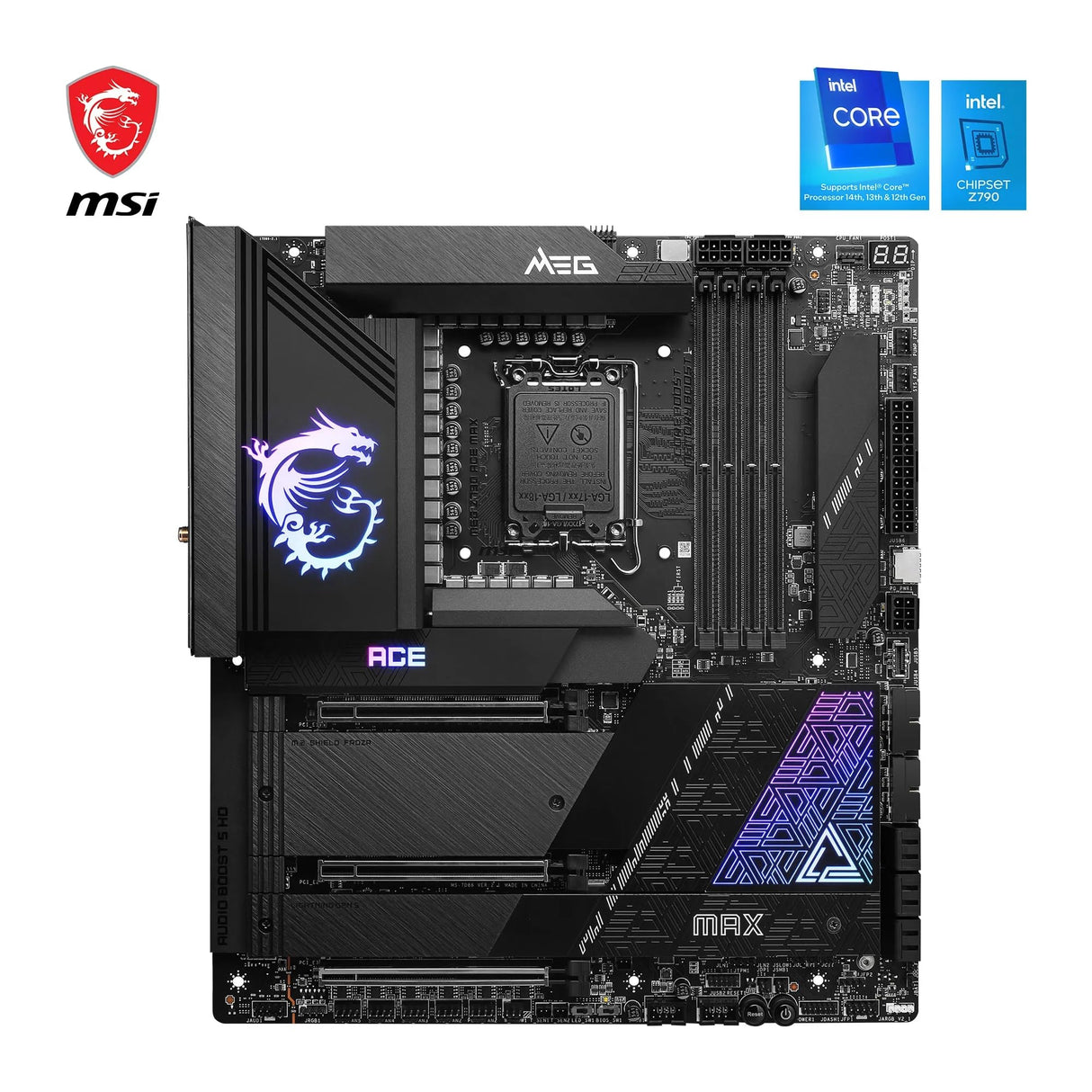 MSI Meg Z790 Ace MAX, Placa Base E-ATX, Admite Procesadores Intel 12 y 13 Gen Core, LGA 1700, 105A SPS VRM, DDR5 7800+MHz/OC, PCIe 5.0 x16, M.2 Gen5, LAN Dual 2.5G, Wi-Fi 7, Thunderbolt 4