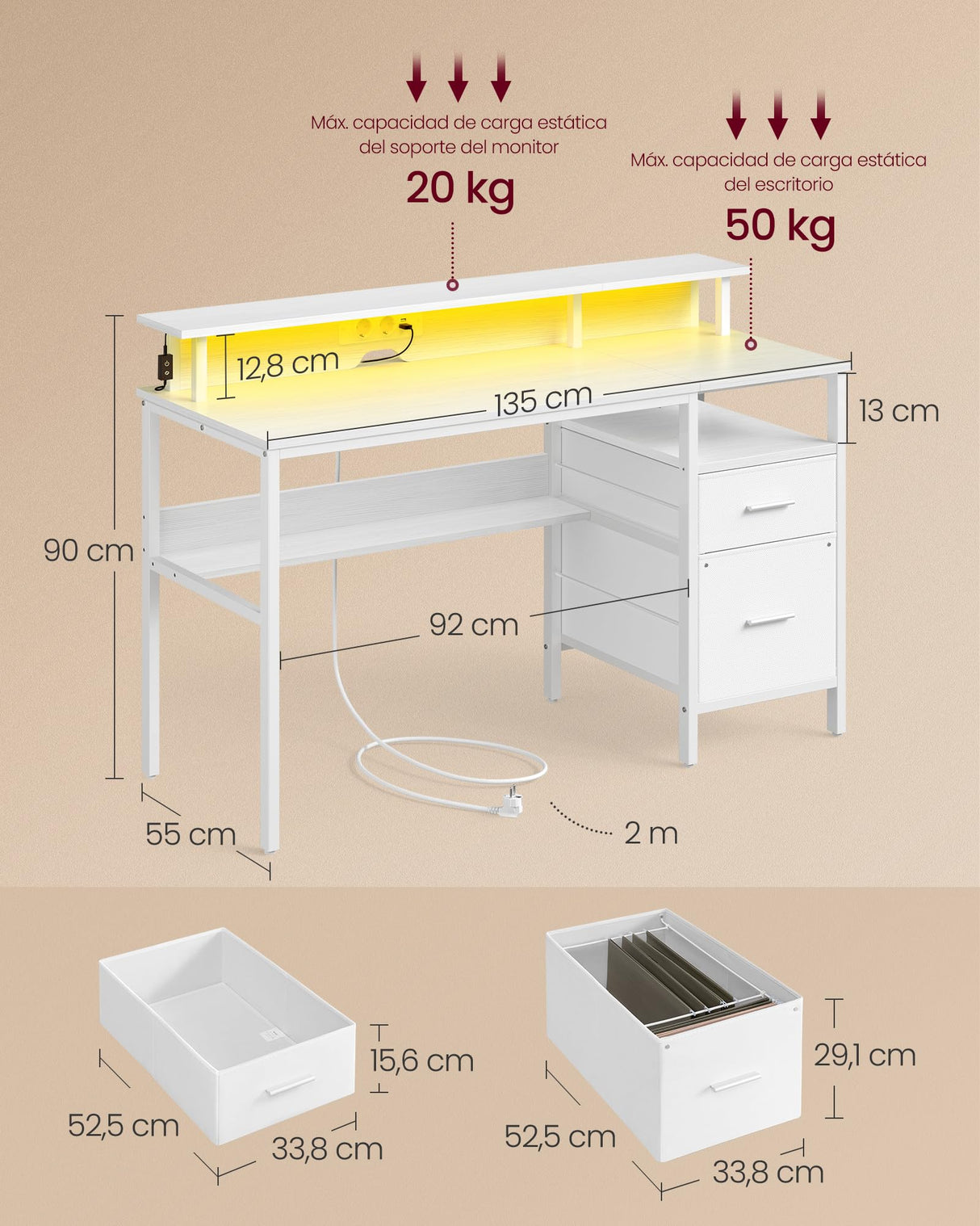 VASAGLE Escritorio con Cajones de Tela, Luces LED y Tomas Corriente Incorporadas, Estante para Monitor, 55 x 135 x 90 cm, 2 Puertos USB-A, para Oficina Casa, Blanco Arce LWD094W01