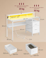 VASAGLE Escritorio con Cajones de Tela, Luces LED y Tomas Corriente Incorporadas, Estante para Monitor, 55 x 135 x 90 cm, 2 Puertos USB-A, para Oficina Casa, Blanco Arce LWD094W01