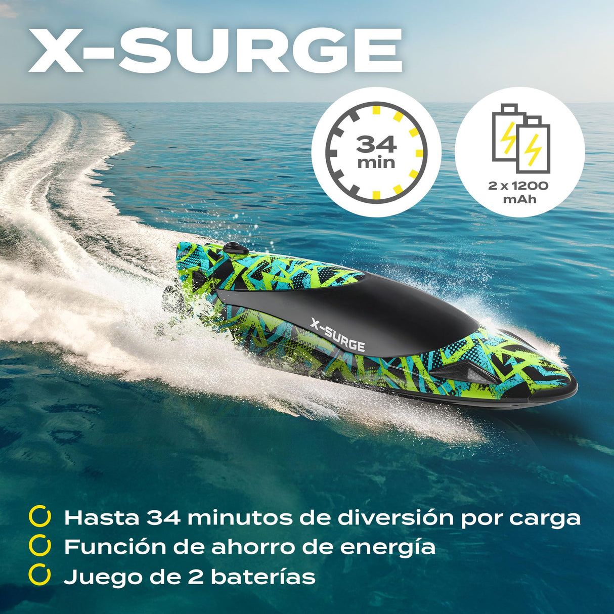 OVERMAX X-Surge Barco de Carreras RC Teledirigido con Luz LED, Velocidad de 35 km/h, 2 x Baterías de 1200 mAh, 30 Minutos de Diversión, Regulación de Velocidad, Alcance de hasta 100 m