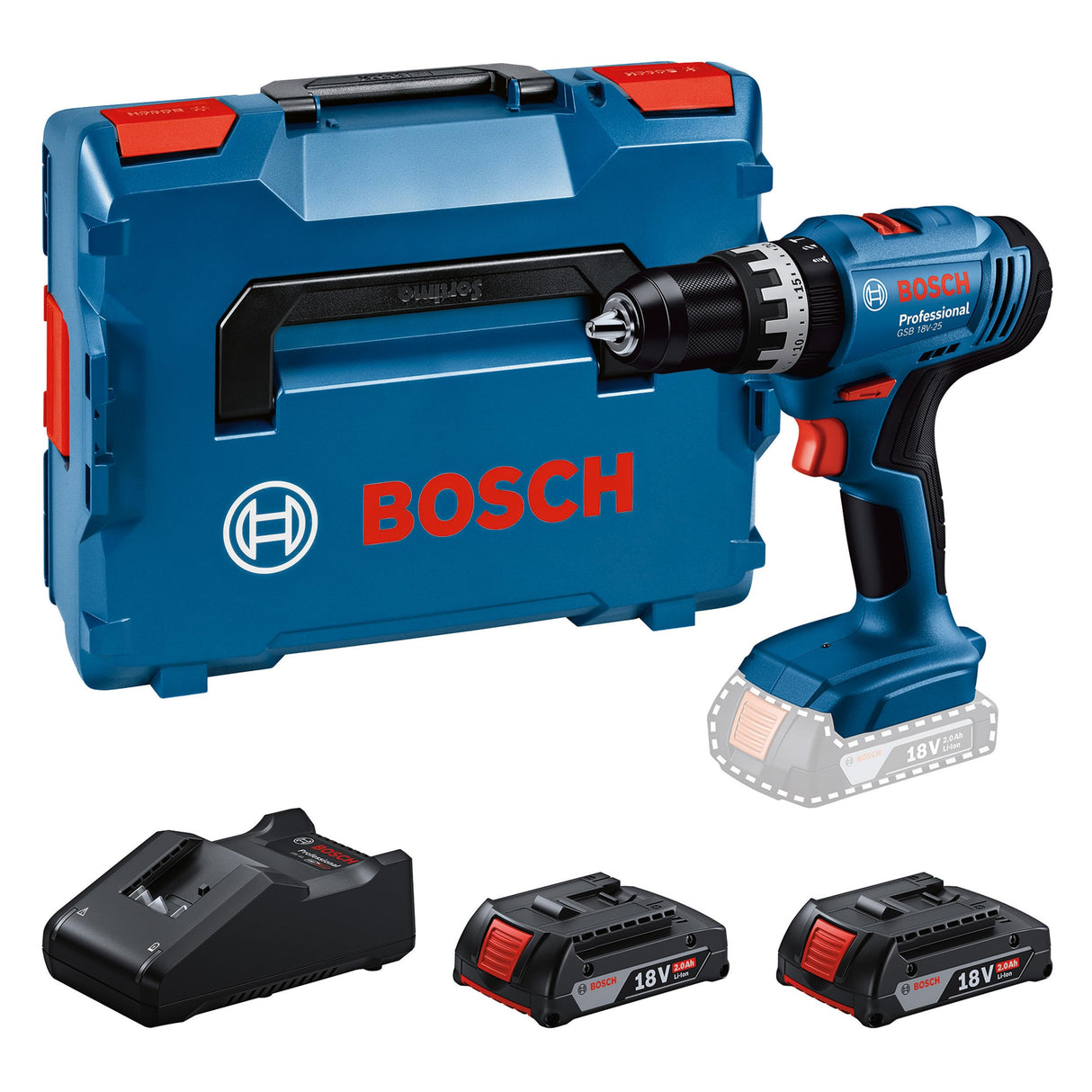 Bosch Professional 18V System Taladro Percutor a Batería GSB 18V-25 (Ø máx. del tornillo 10 mm, incl. 2 GBA 2.0Ah, GAL 18V-40, L-BOXX)