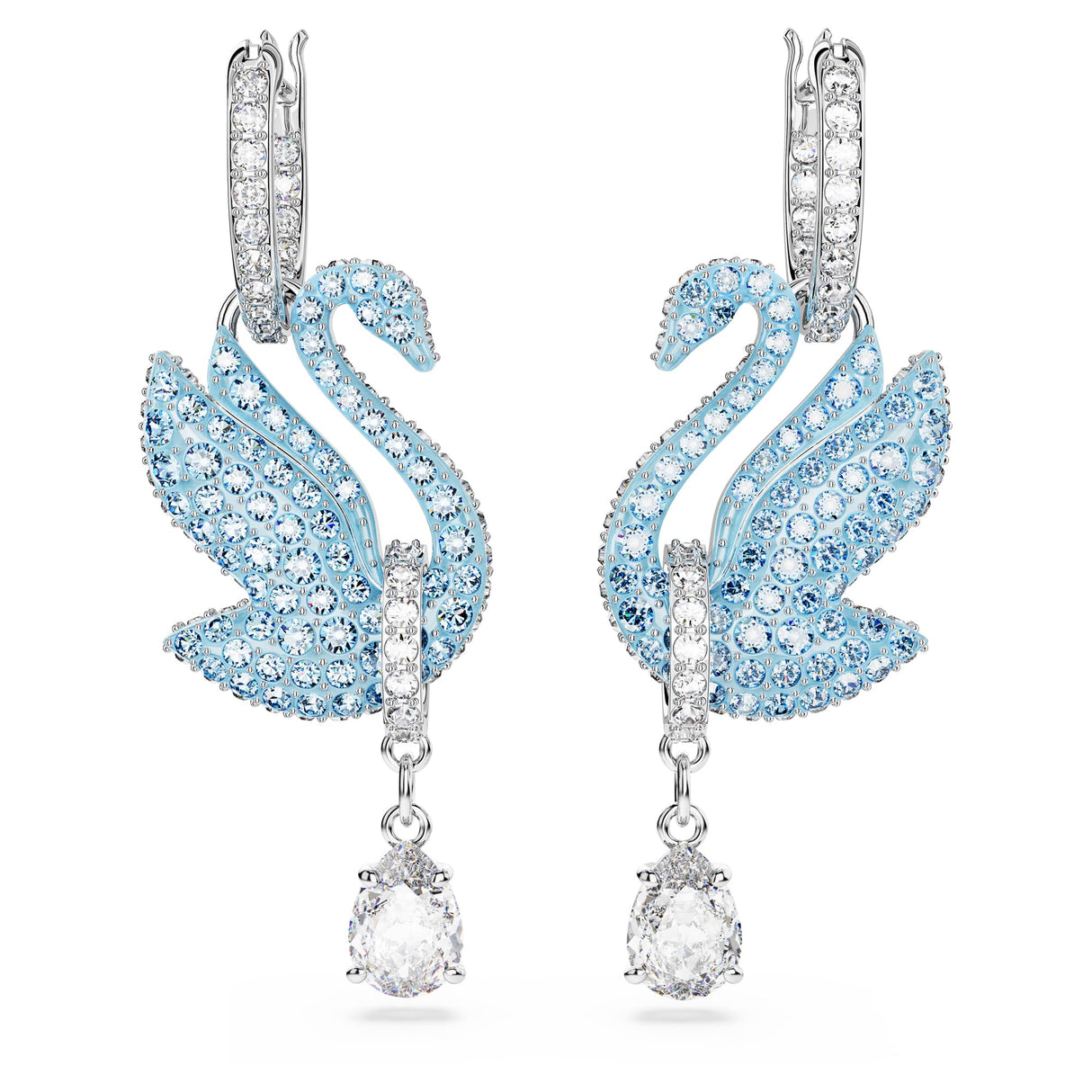 Swarovski Pendientes Iconic Swan, Motivo de Cisne, Pavé de Cristales Azul Hielo, Baño de Rodio