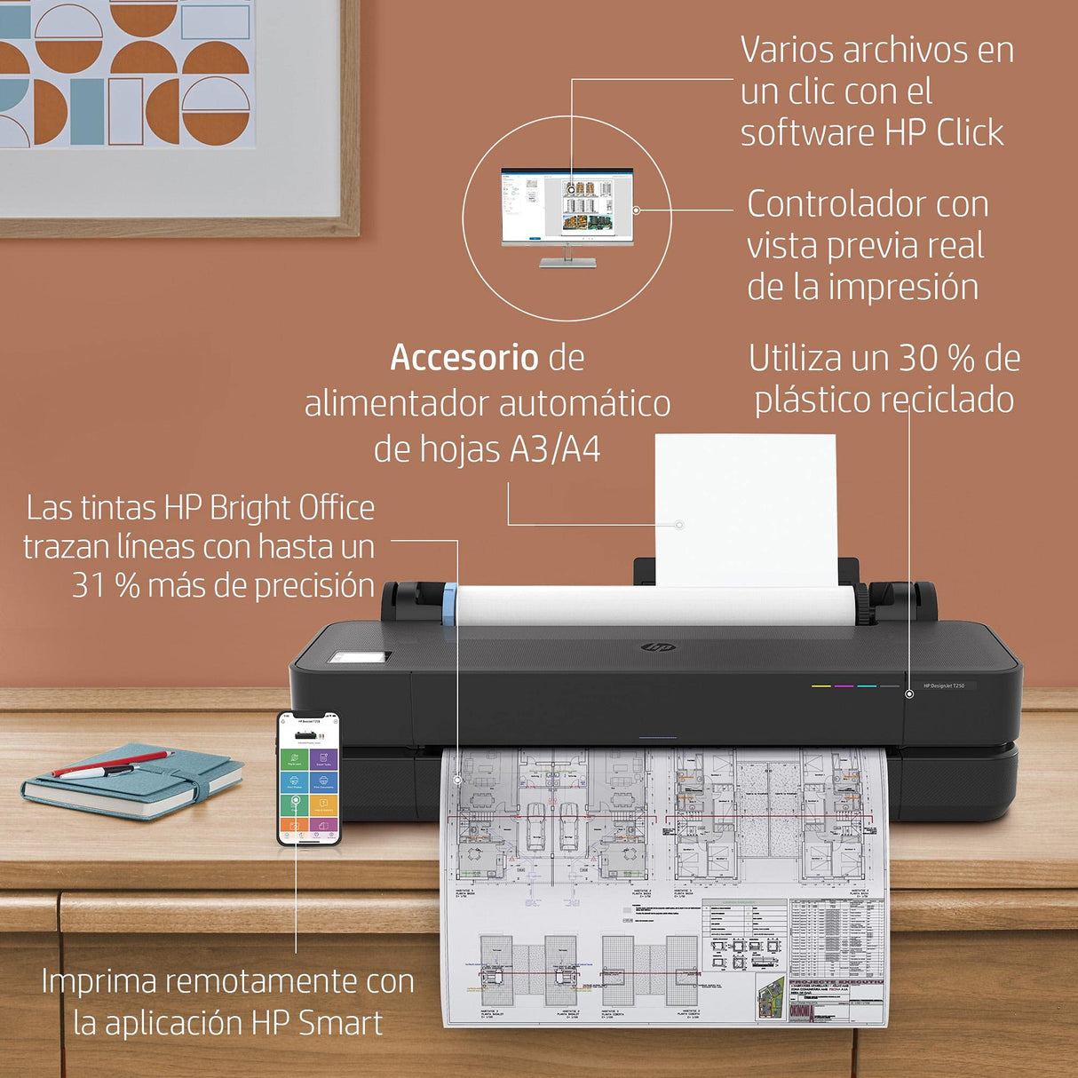 HP DesignJet T250 Impresora Plotter de Gran Formato, de 24 pulgadas, hasta A1, Impresión Móvil, Wi-Fi, Gigabit Ethernet, USB 2.0 de alta velocidad, Garantía de 2 años (5HB06A)