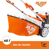 RURIS - Cortacésped térmico RX200S, 2,7 CV, 42 cm, Bolsa 45L, 3 en 1: Recogida, eyección Trasera, Mulching, chasis Acero, Altura Ajustable 25-75 mm, Naranja