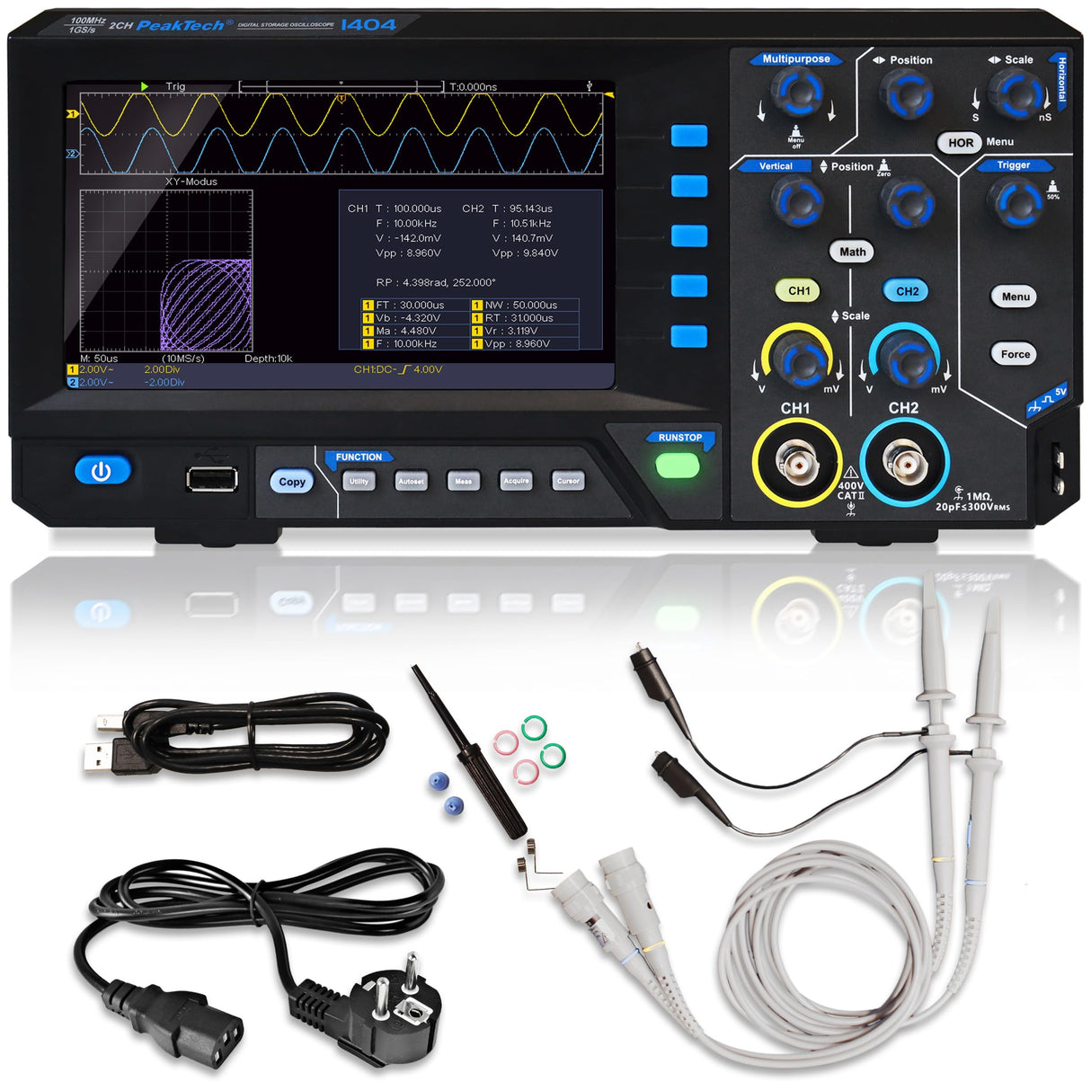 PeakTech 1404 Osciloscopio Digital de 2 Canales con Interfaz USB - 100 MHz, 1GS/s, Software para PC, Negro [3 Años de Garantía]