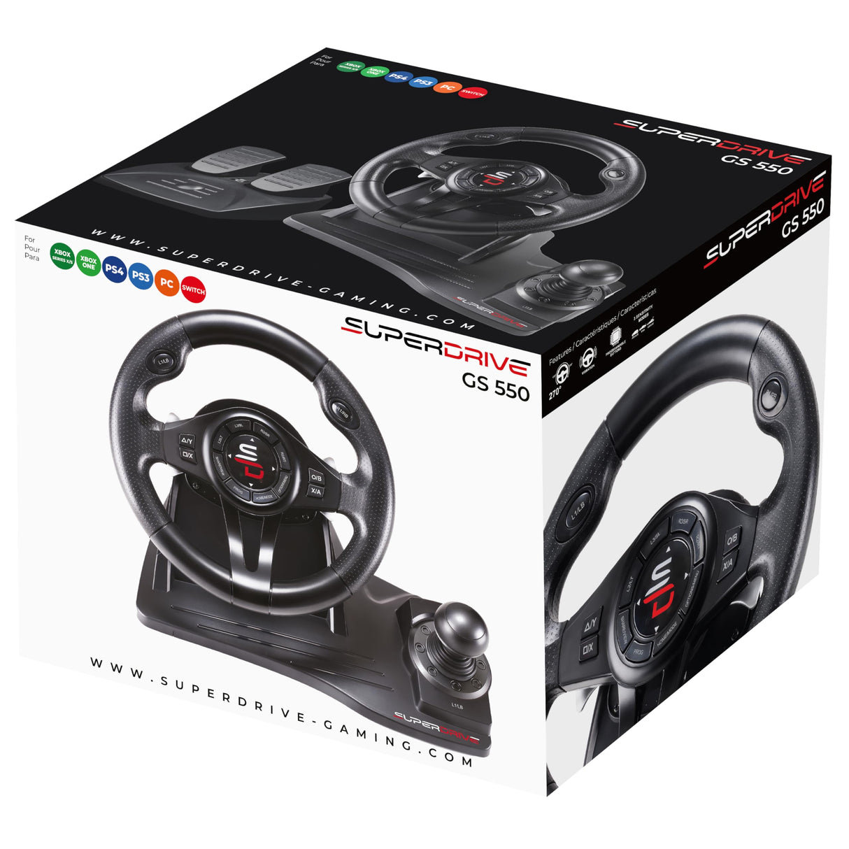 Subsonic Volante Superdrive GS550 Racing con pedales, levas de cambio, palanca de cambios y vibración para Switch, Xbox Serie X/S, PS4, Xbox One y PC (programable para todos los juegos)