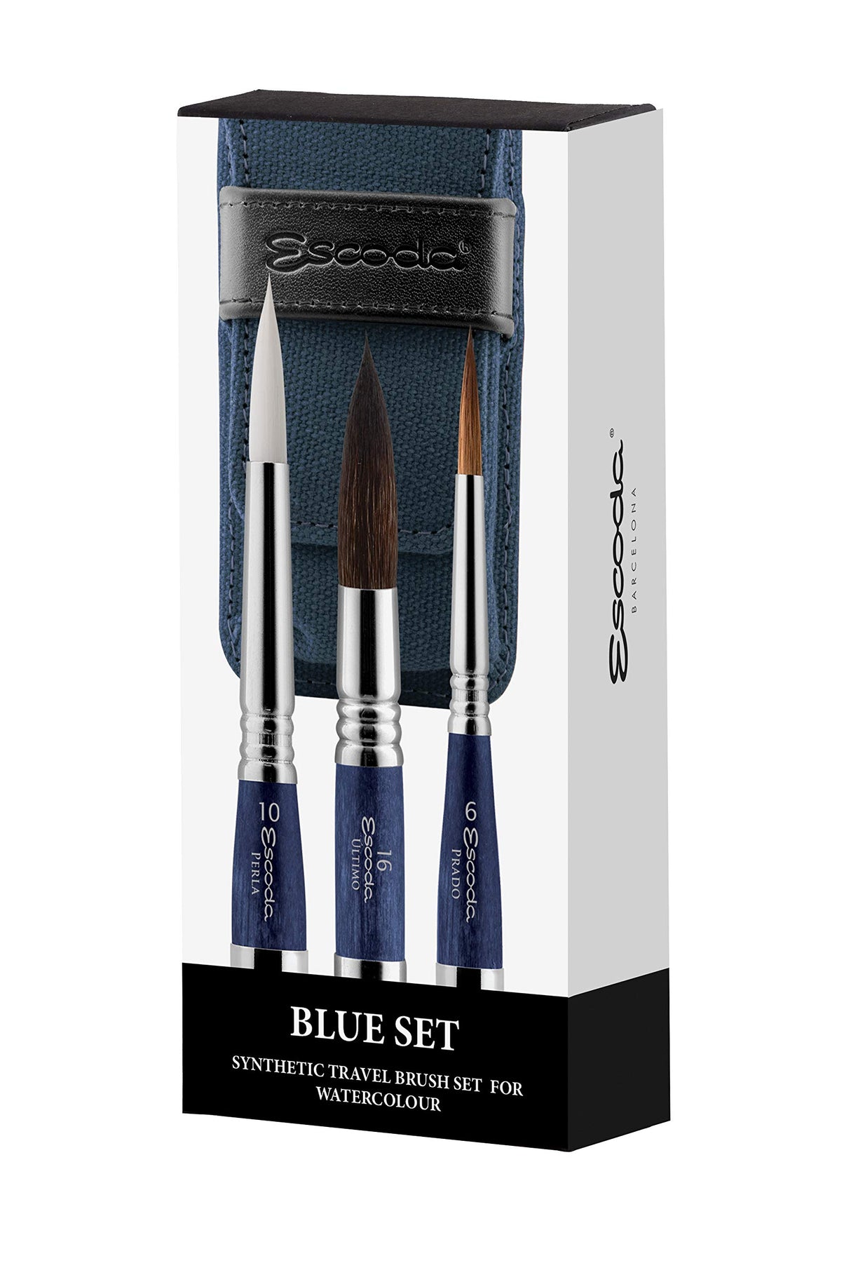 ESCODA Set 3 Pinceles Acuarela - Blue Set Viaje N.6,10,16 Redondo Punta Pelo Sintético Serie Prado Perla Último Estuche Tela Profesional Fabricado a Mano en España.