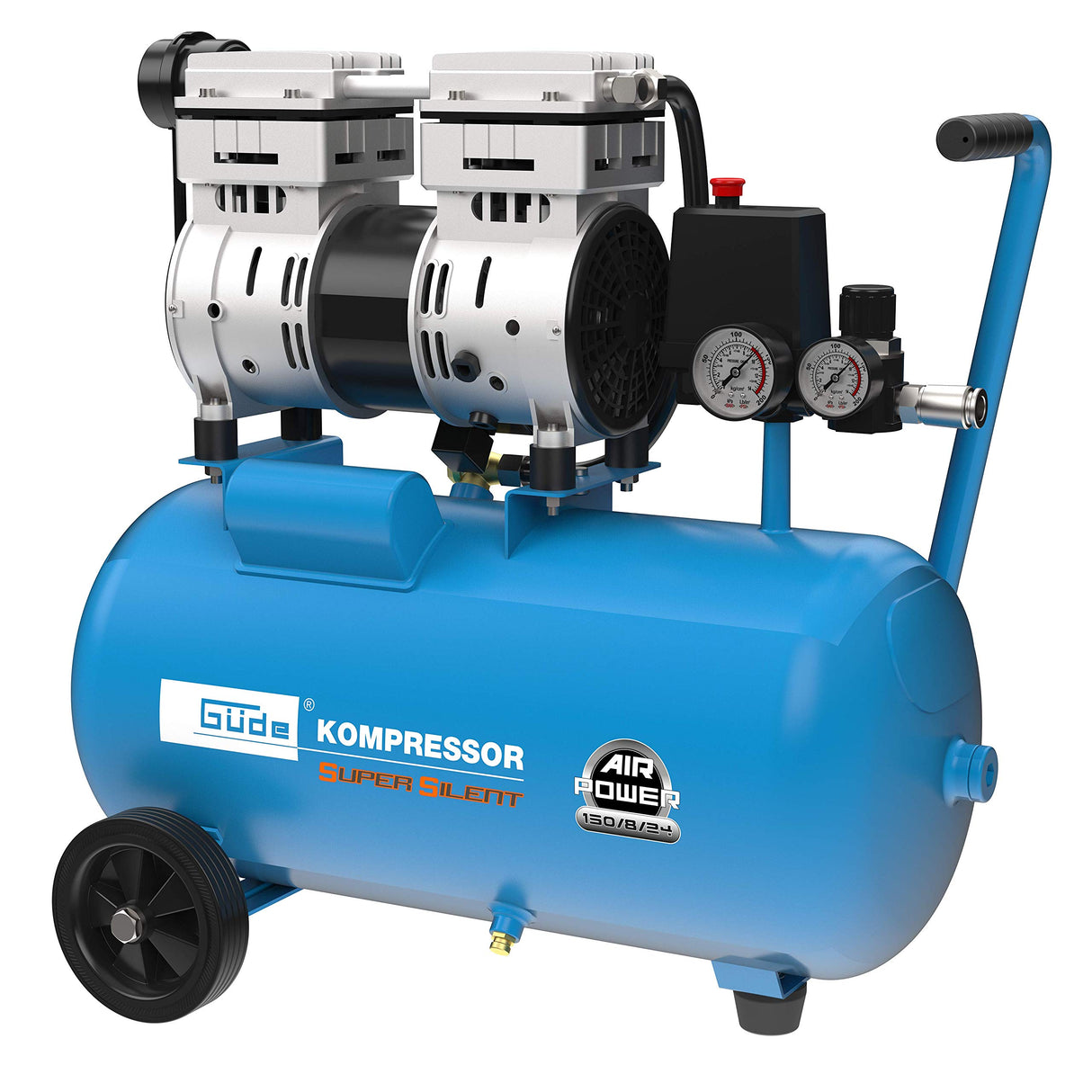 Güde Compresor Airpower 150/8/24 Silent (libre de aceite, silencioso, máx. 8 bar, 1100 W, caldera de 24 l, eff. Cantidad de suministro: 130 l/min, reductor de presión, 2 manómetros, válvula de