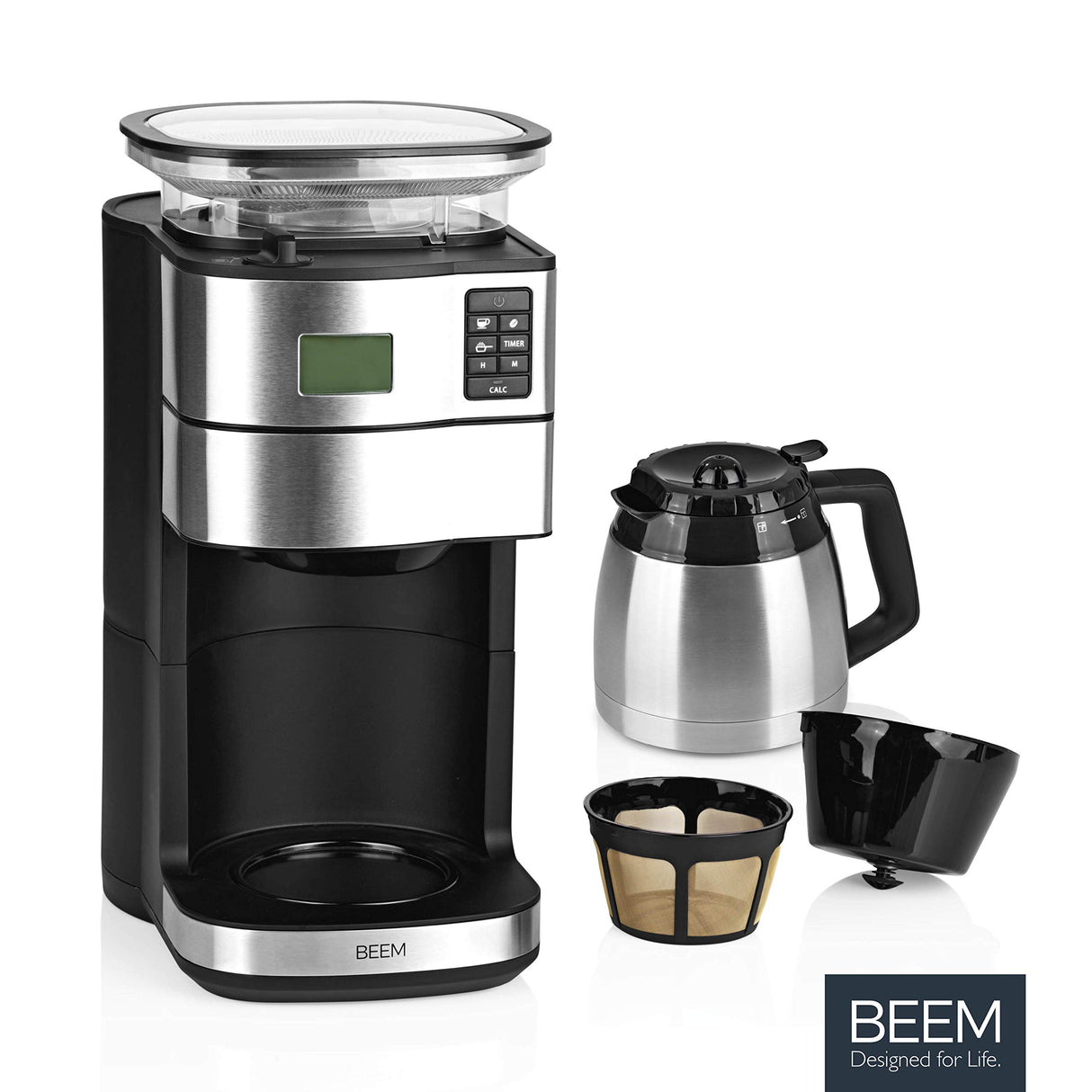 BEEM FRESH-AROMA-PERFECT II Cafetera de filtro con molinillo - Térmica | Acero inoxidable | Jarra térmica | Temporizador 24h | 1000 W | Recipiente para granos de 180 g
