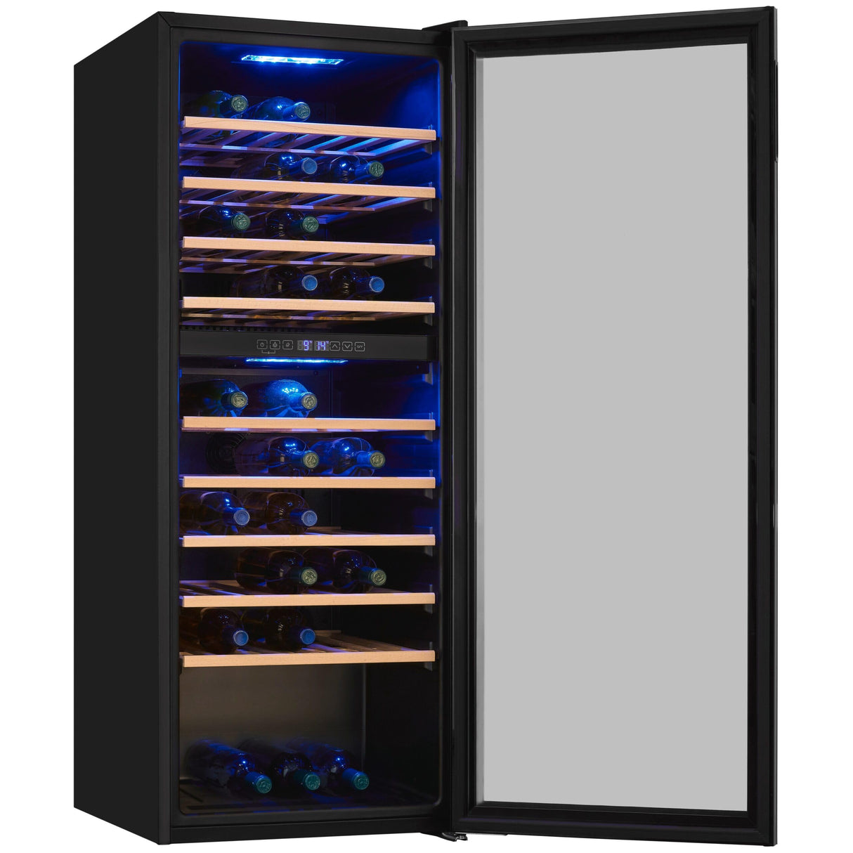 Exquisit® Vinoteca para 78 Botellas, 194L, Negro, Clase G, Doble Zona de Temperatura 5-20°C, Control Digital, Puerta de Cristal Reversible, Iluminación LED, 9 Estantes, Medidas (128,5 x 49 x 57,5 cm)