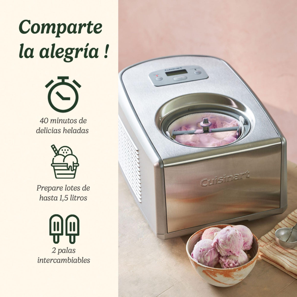 Cuisinart Heladera Profesional ICE100E Heladera con compresor 1.5L, Maquina para hacer helado, gelato, sorbetes y yogur helado casero, 150W, Helado al instante, Acero inoxidable, Color Plateado