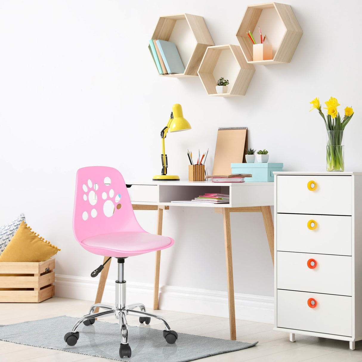hjh OFFICE 742004 Silla Giratoria para Niños Fancy I Piel sintética Rosa, Sillas de Escritorio Infantiles, Ajustable en Altura, Motivo Animal