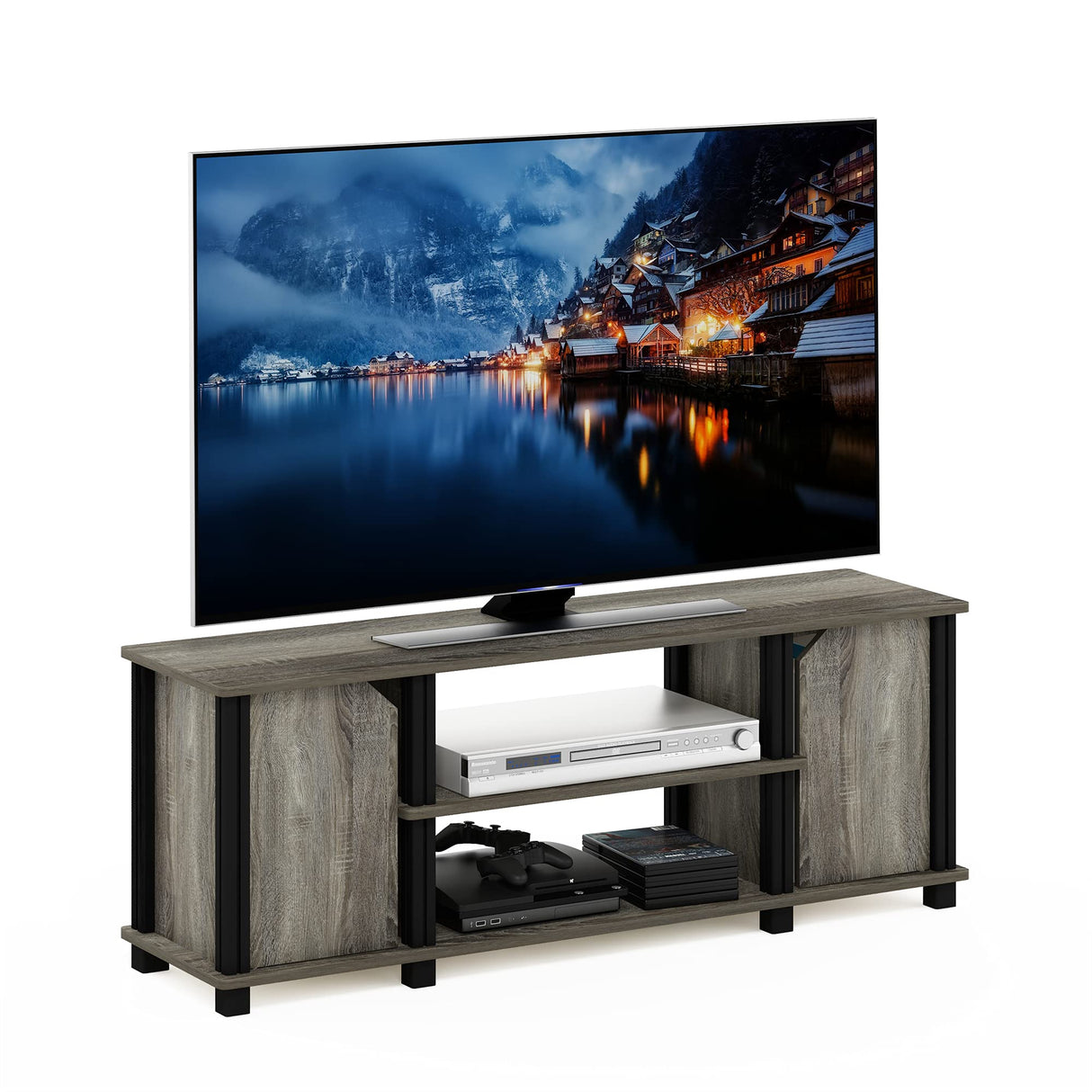 Furinno Brahms - Mueble de televisor con estantes y almacenamiento, color roble francés y negro