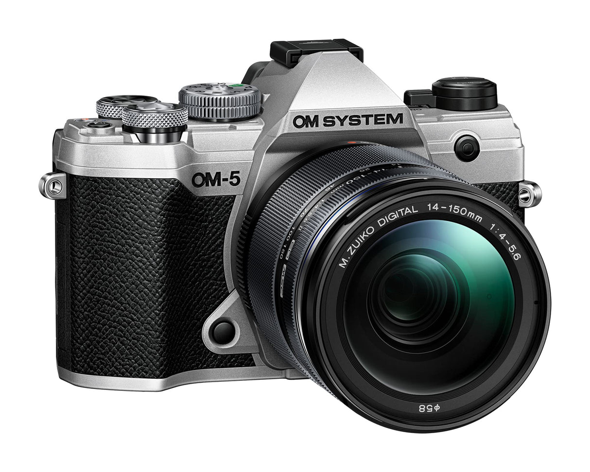 OM SYSTEM OM-5 Cámara con Sistema Micro Four Thirds con Objetivo M.Zuiko Digital 14-150mm F4-5.6 II, Sensor Live Mos de 20 MP, Estabilización de Imagen Mejorada de 5 Ejes, IP53, Plata/Negro