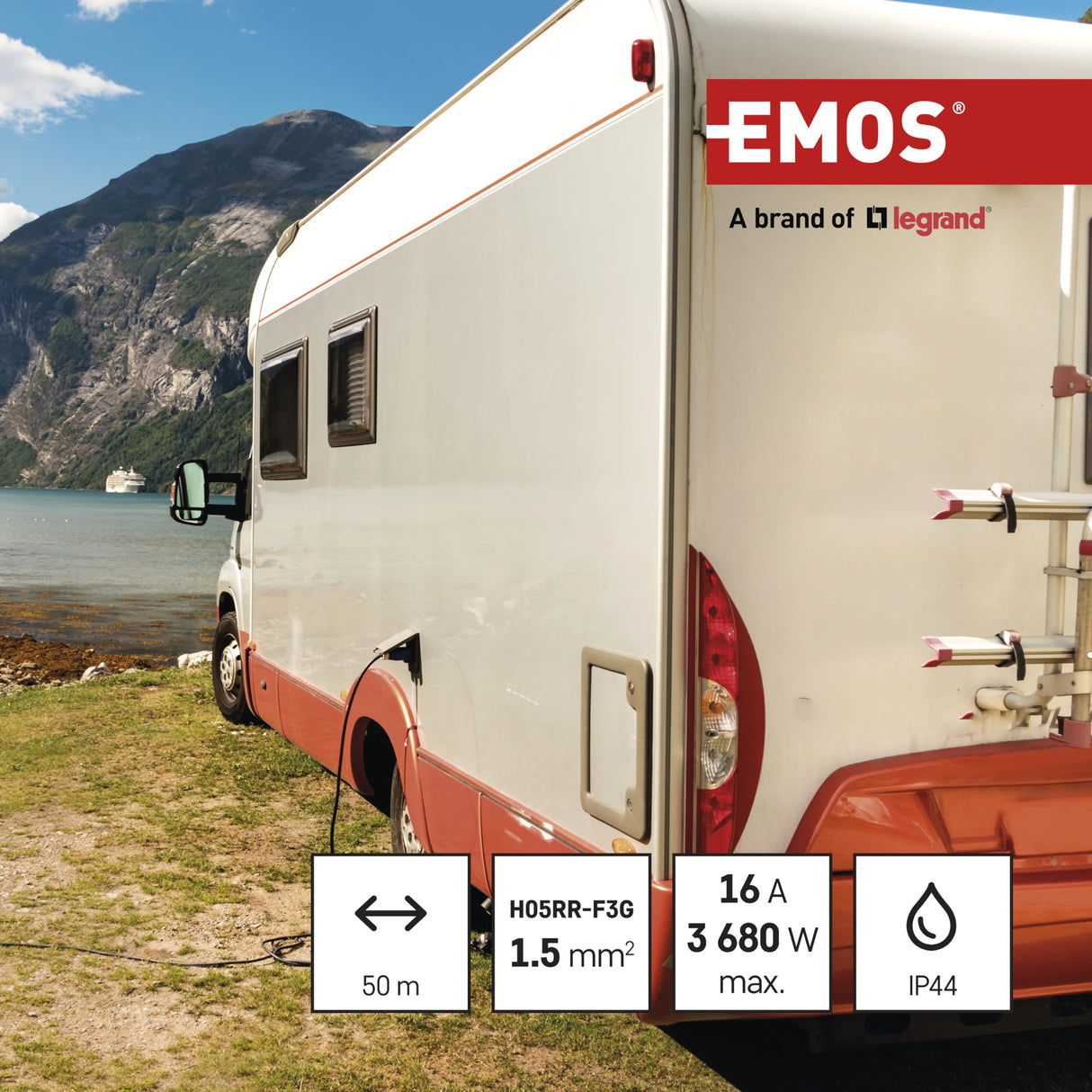 Emos P08250 Enrollacables Profesional alargador, de la Empresa, Grado de protección IP44, m de Cable con 4 enchufes Schuko, 1,5 mm2 Goma, para Uso Exterior, 50 Meter