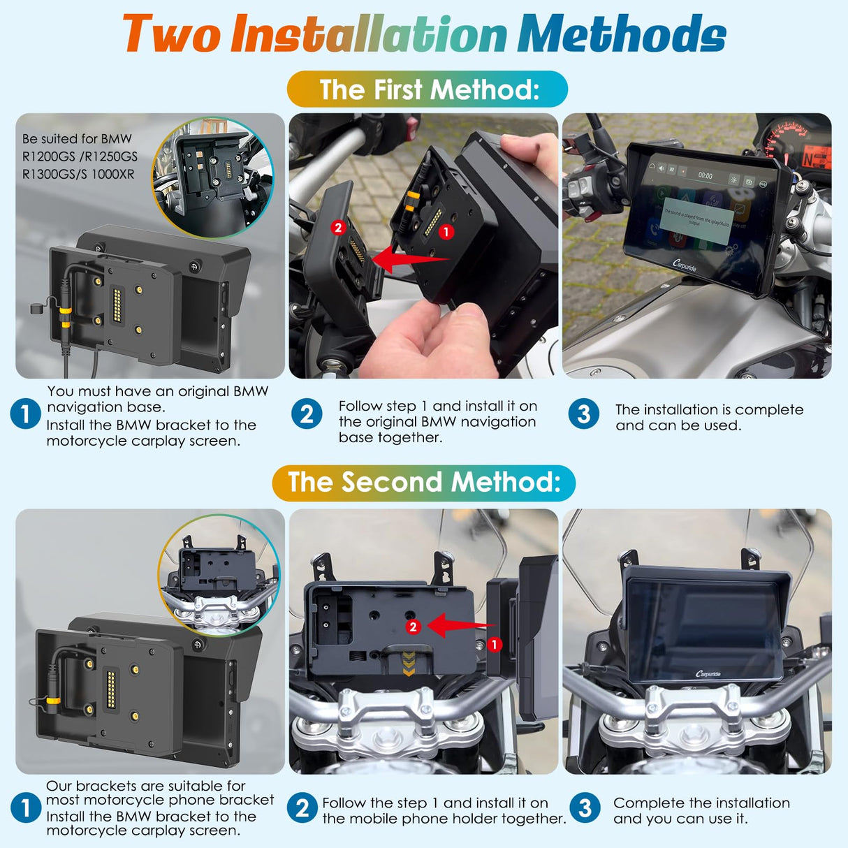 Carpuride W502B - Pantalla GPS 5 Pulgadas para Moto BMW R1200GS/R1250GS/S1000XR, CarPlay y Android Auto Inalámbrico, Pantalla Táctil Impermeable, Bluetooth Dual, Navegación Portátil para Moto