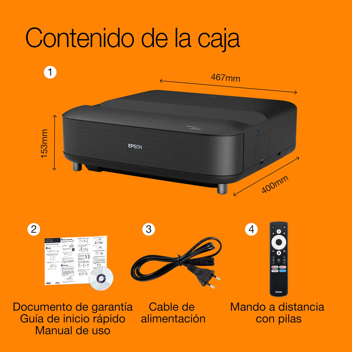 Epson Lifestudio Grand EH-LS670B Negro metálico, proyector láser Inteligente de Distancia ultracorta, 4K Pro UHD, Sound by Bose, Google TV, Pantallas de hasta 120″, 5 años de garantía*