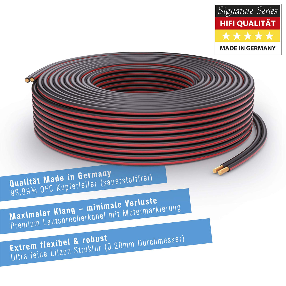 PureLink cable de altavoz cable de altavoz OFC 2x4,00mm² 0,20mm, 30,0m, cable de cobre puro para recintos de alta fidelidad subwoofers, cable de audio con etiquetado de polaridad, negro
