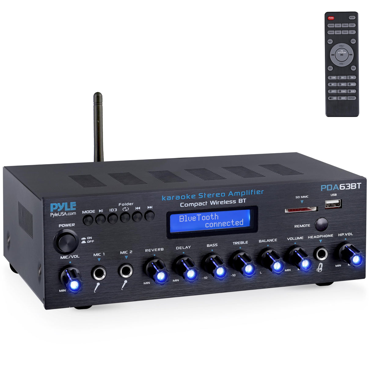 Pyle amplificador estereo BT, Inalambrico, Multicanal, 200V, Para el hogar, Radio FM, USB, SD, AUX, RCA, Entrada de microfono