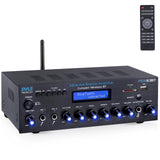 Pyle amplificador estereo BT, Inalambrico, Multicanal, 200V, Para el hogar, Radio FM, USB, SD, AUX, RCA, Entrada de microfono