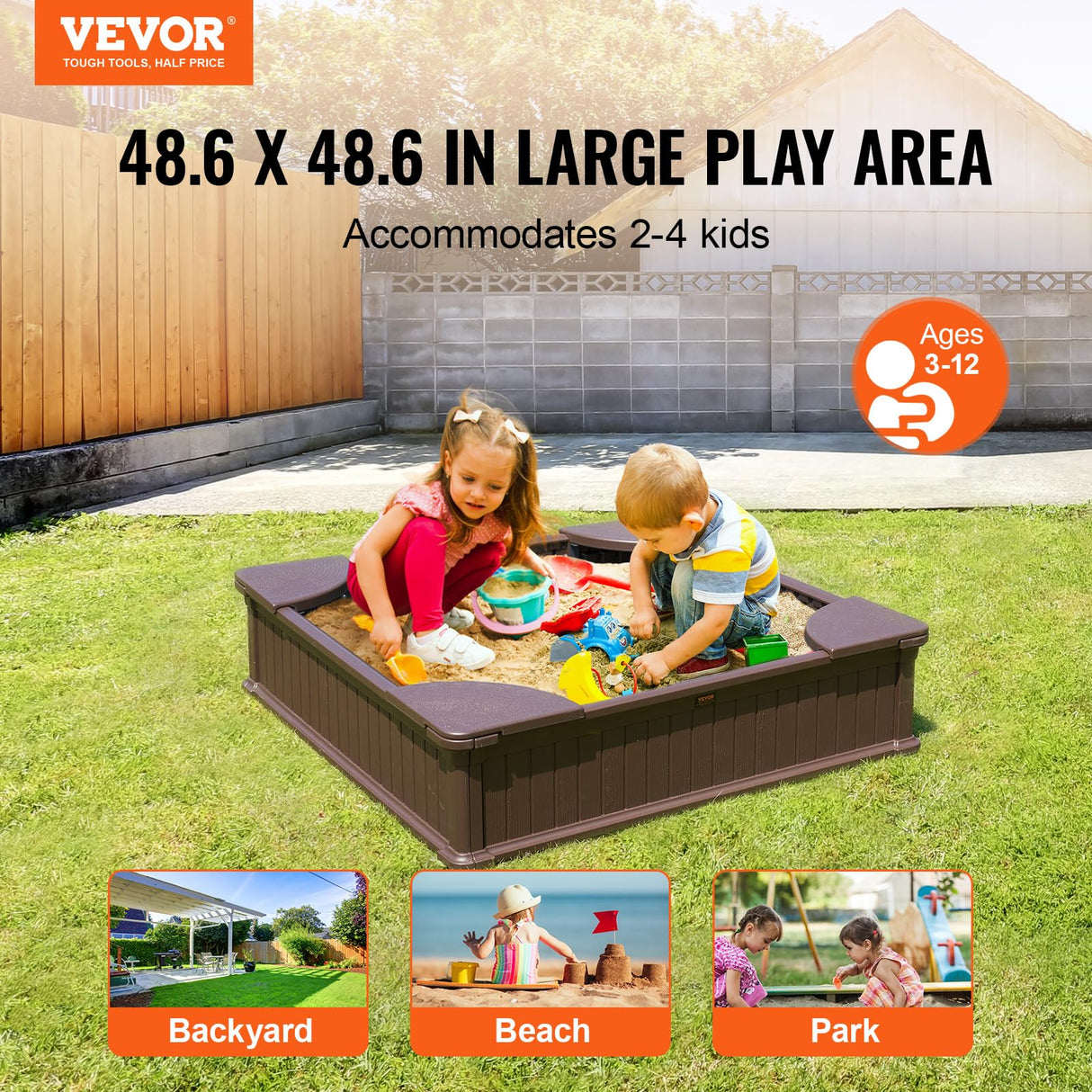 VEVOR Caja de Arena con Tapa Areno de HDPE Cuadrado de 1235 x 1235 x 315 mm con 4 Asientos en Las Esquinas y Revestimiento Inferior para Niños de 3 a 12 Años para Patio al Aire Libre, Parque, Marrón
