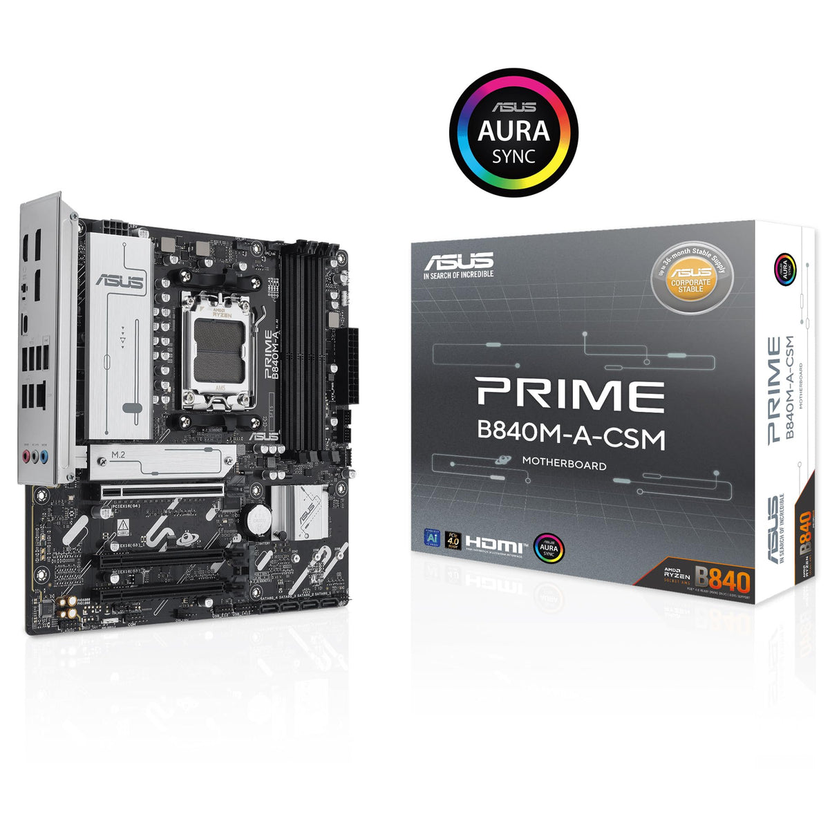 ASUS Prime B840M-A-CSM - Placa Base AMD B840 mATX, DDR5, PCIe 4.0, Tres Ranuras M.2, Realtek 2.5Gb Ethernet, DisplayPort, HDMI, USB Tipo-C a 5Gbps, BIOS Flashback, Aura Sync
