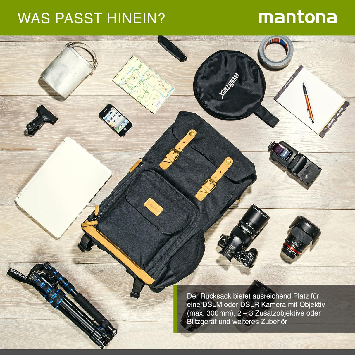 Mantona - Mochila con Aplicaciones de Piel (para una cámara réflex, 3 Objetivos y Accesorios), Color Verde