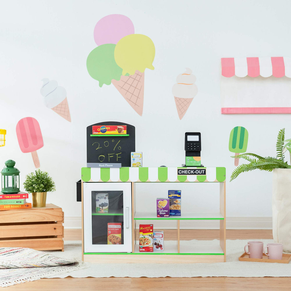 Teamson Kids - Cajero de Austin Play Market Stand - Verde y Madera - TD-13206B
