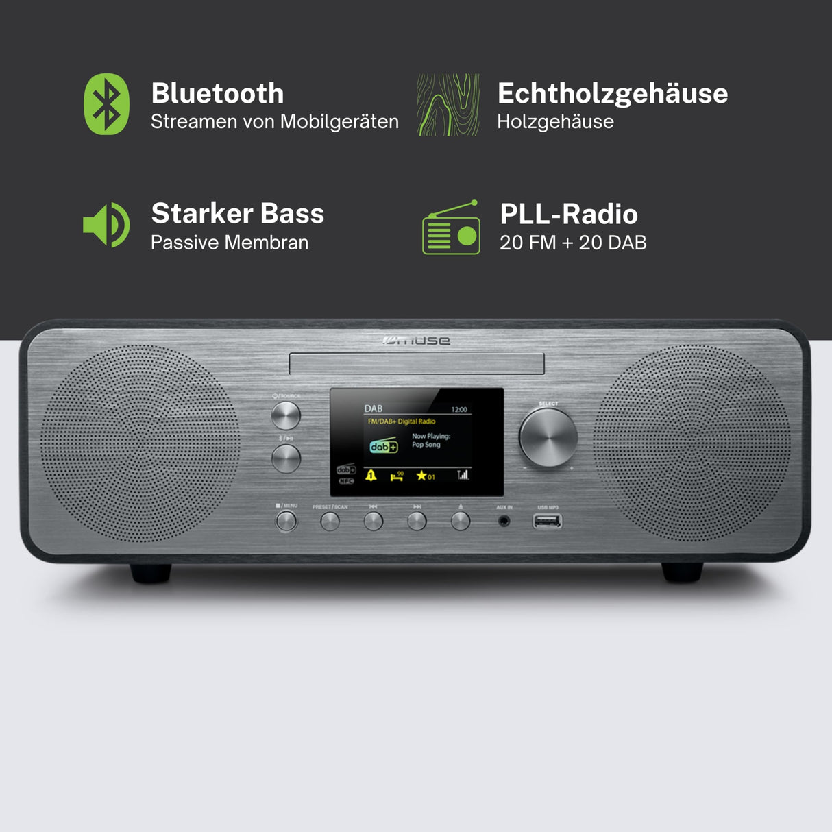 Muse - (M-885 DBT) Dab+/FM/CD/USB/Bluetooth Micro System, Gris Oscuro