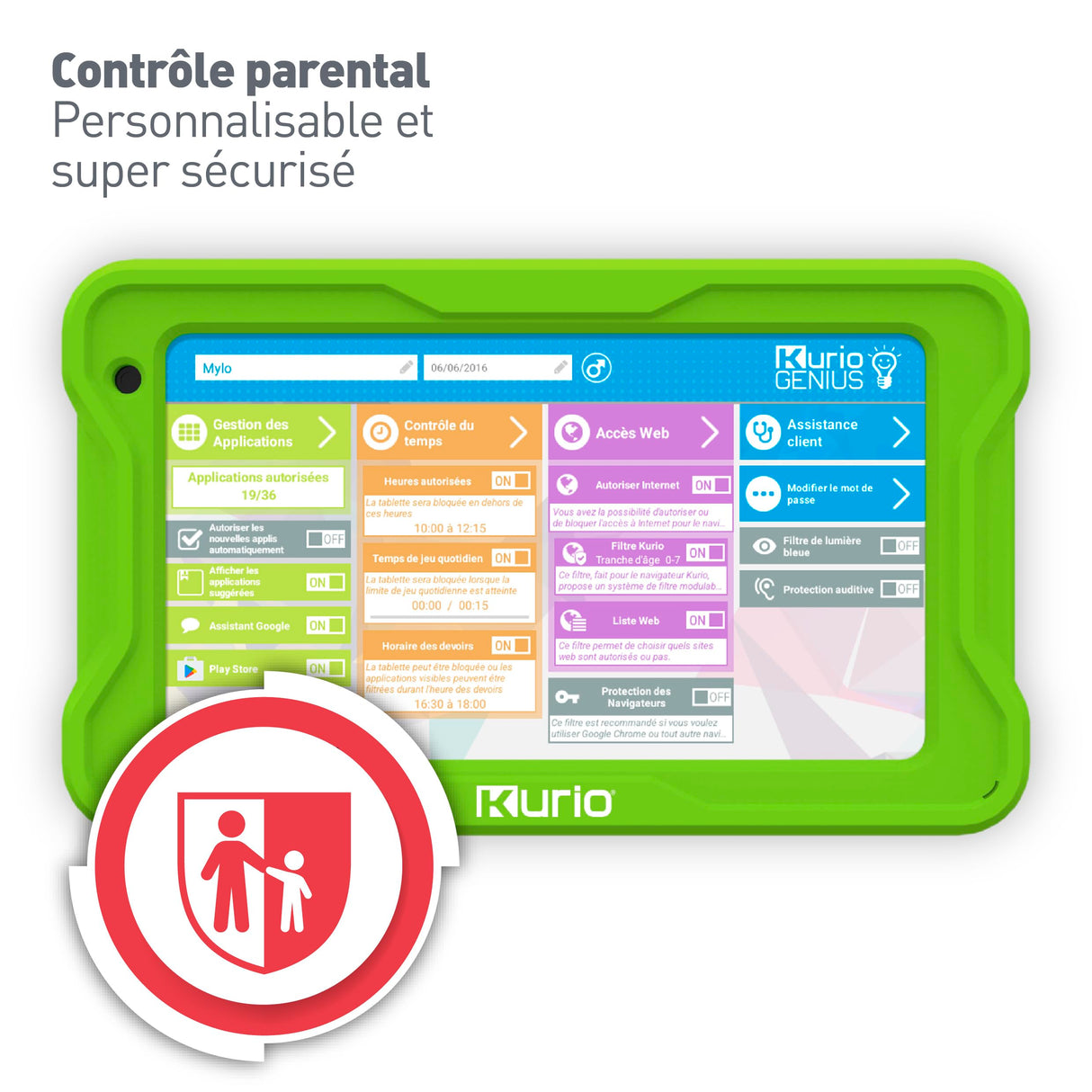 KURIO Gulli - Tableta de 7 Pulgadas para niños, Android 13, Control Parental Personalizable y navegador Seguro - Vídeos héroes Gulli + 100 apps y Juegos educativos precargados