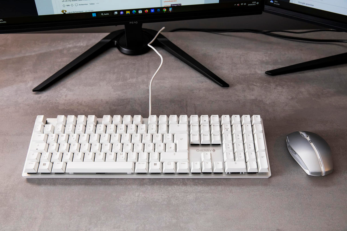 CHERRY KC 200 MX, Teclado Mecánico de Oficina con Placa de Metal Anodizado, Distribución de Teclado Alemán (QWERTZ), con Cable, Switches MX2A SILENT RED, Blanco/Plateado