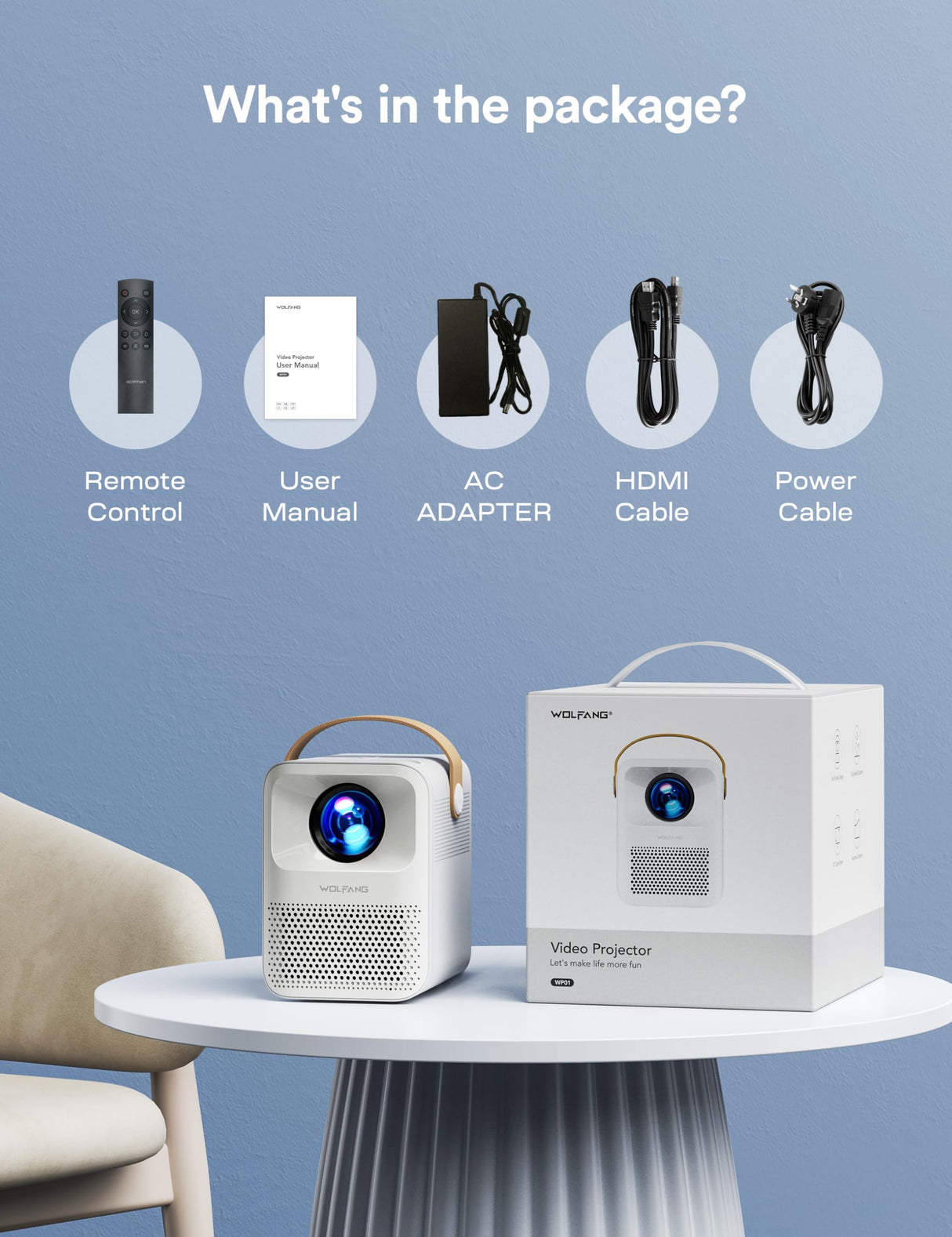 Proyector Portátil, WOLFANG Proyector 4K Soporte, Mini Proyector Portátil 5G WiFi Bluetooth, Full HD 1080P Nativo, 15000 Lúmenes, para Movil/Teléfono/PC/PS4/TV Stick/HDMI, Ideal para Niños como Regalo