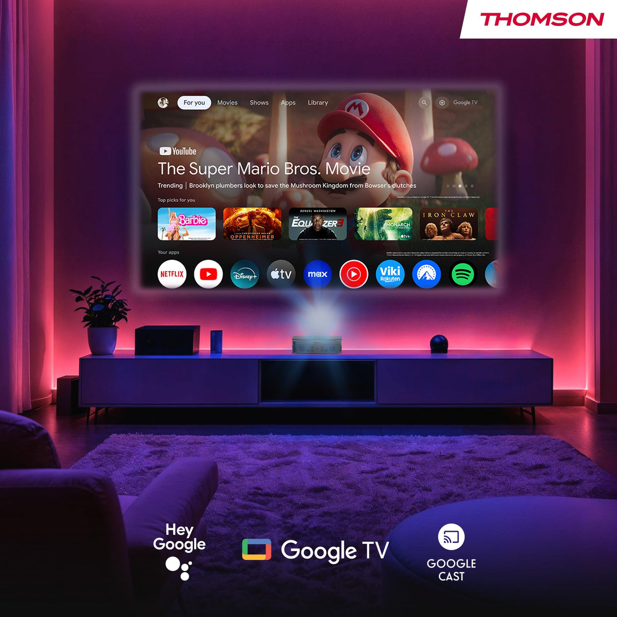Thomson Sirius PG55B Proyector Láser RGB Inteligente, Tiro Ultra Corto, Full HD 1080p, Google TV, 600 ANSI, Auto Enfoque, HDR10+, Dolby Digital+, Batería, WiFi, Bluetooth