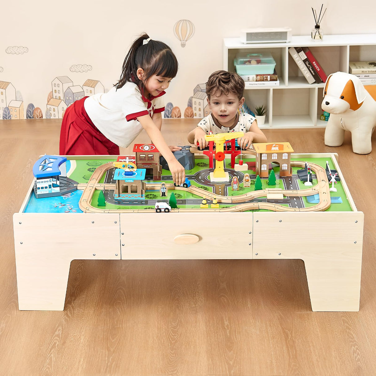 VEVOR Mesa de Actividad de Tren 62 Piezas de Madera 1270 x 621 x 394 mm Mesa de Juegos de Tren Circuito de Ferroviarias Juguetes Creativos con Cajón de Almacenamiento para Facilitar Organización