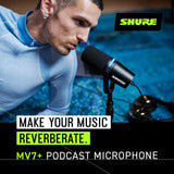 Shure MV7+ Micrófono para Podcast con Soporte de micrófono-Audio Mejorado, Panel táctil LED, Salidas USB-C y XLR, Modo de nivelación automática, Filtro Pop Digital, Efectos de reverberación - Negro