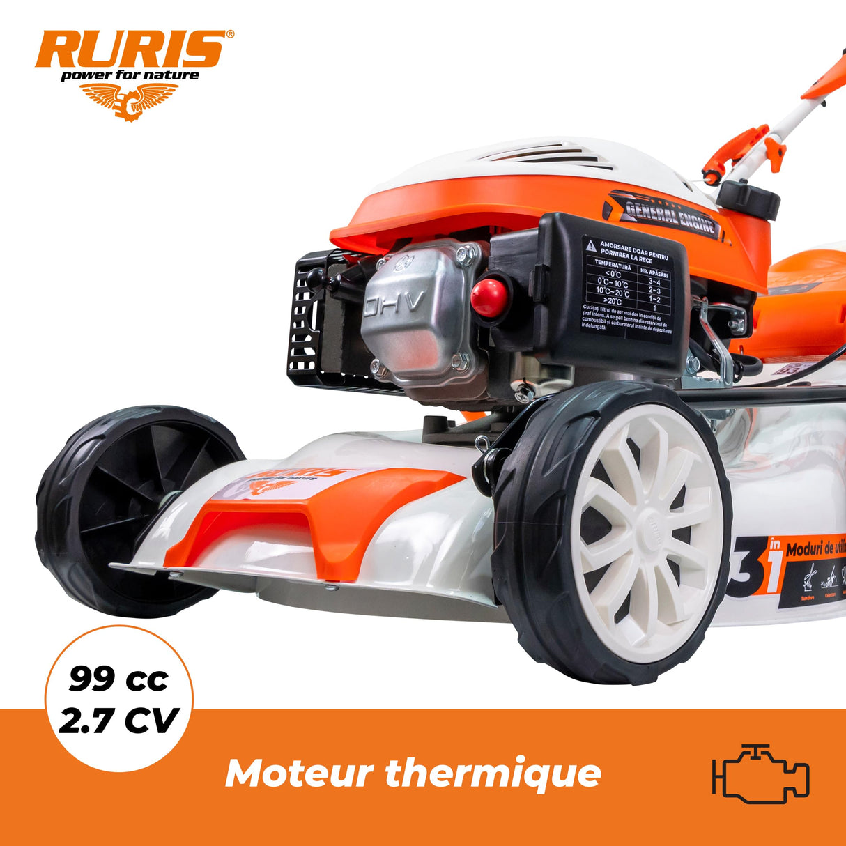 RURIS - Cortacésped térmico RX200S, 2,7 CV, 42 cm, Bolsa 45L, 3 en 1: Recogida, eyección Trasera, Mulching, chasis Acero, Altura Ajustable 25-75 mm, Naranja