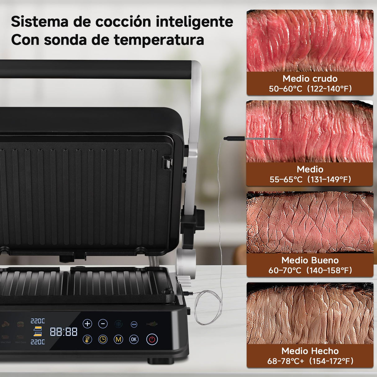 AMZCHEF parrilla eléctrica con 6 programas, función Sear hasta 280 °C, modo manual, sensor de temperatura, placas desmontables y bandeja para gofres. Ideal para carne, pescado, paninis y gofres