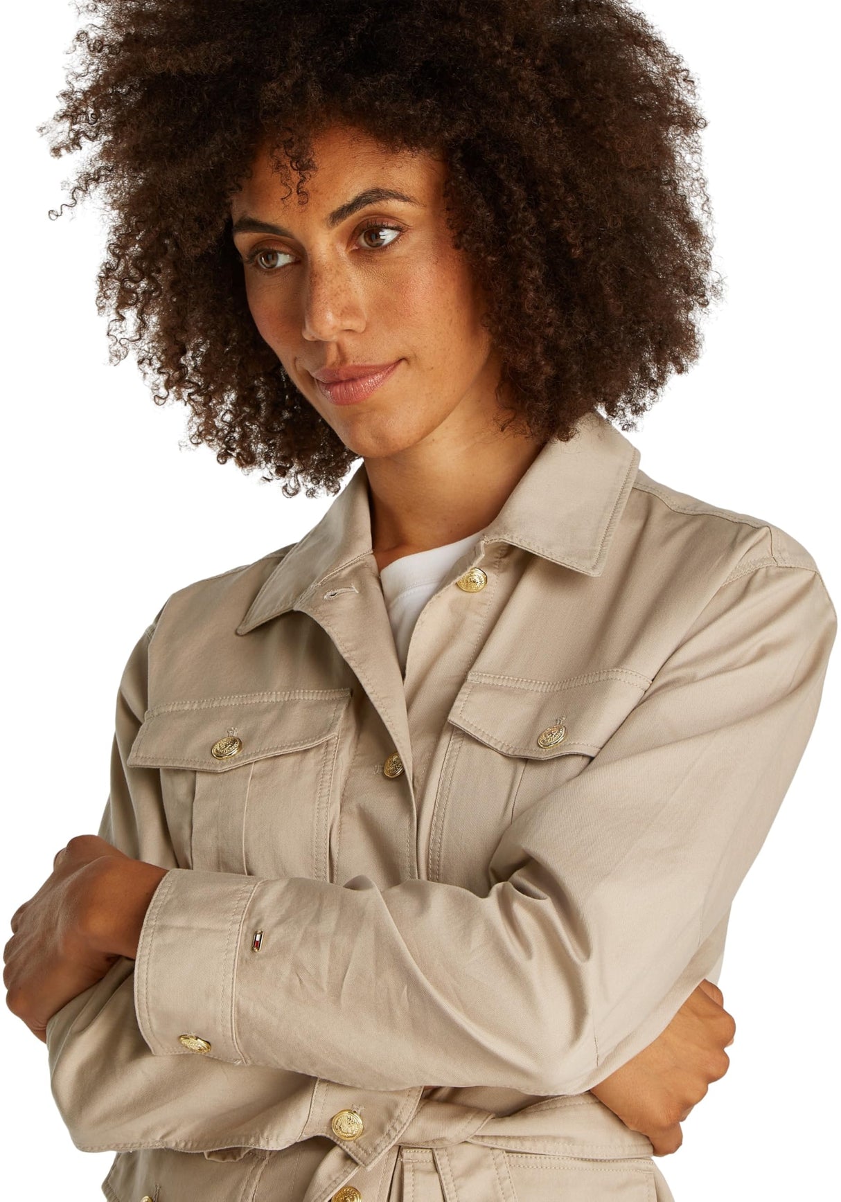 Tommy Hilfiger Chaqueta tipo camisa Mujer Gold Button Utility con bolsillos en el pecho, Beige (Sandalwood), XS