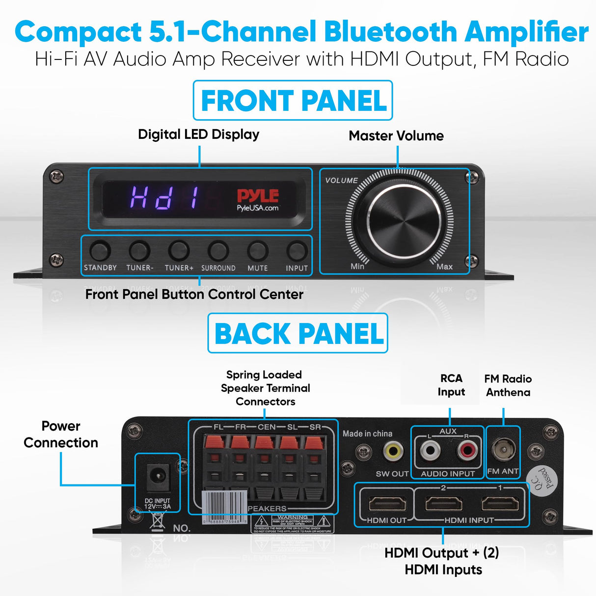 Pyle USA - PFA560BT - Wireless Bluetooth Home Audio Amplifier - 100W 5.1 Canal Home Theater Power Stereo Receptor, Sonido Envolvente w/HDMI, AUX, Antena FM, Entrada de Altavoz de subwoofer, Adaptador