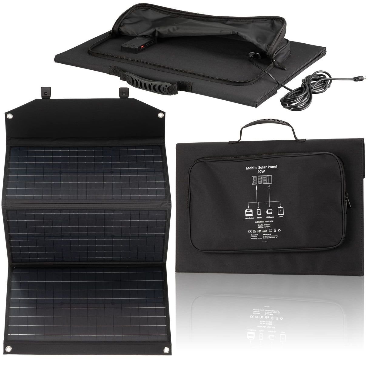 Bresser Cargador solar de 90 W con 1 CC y 3 puertos USB-A, incluye conector USB-A hembra con QC3.0 para carga rápida, panel solar como cargador para smartphones, estaciones de alimentación, etc.