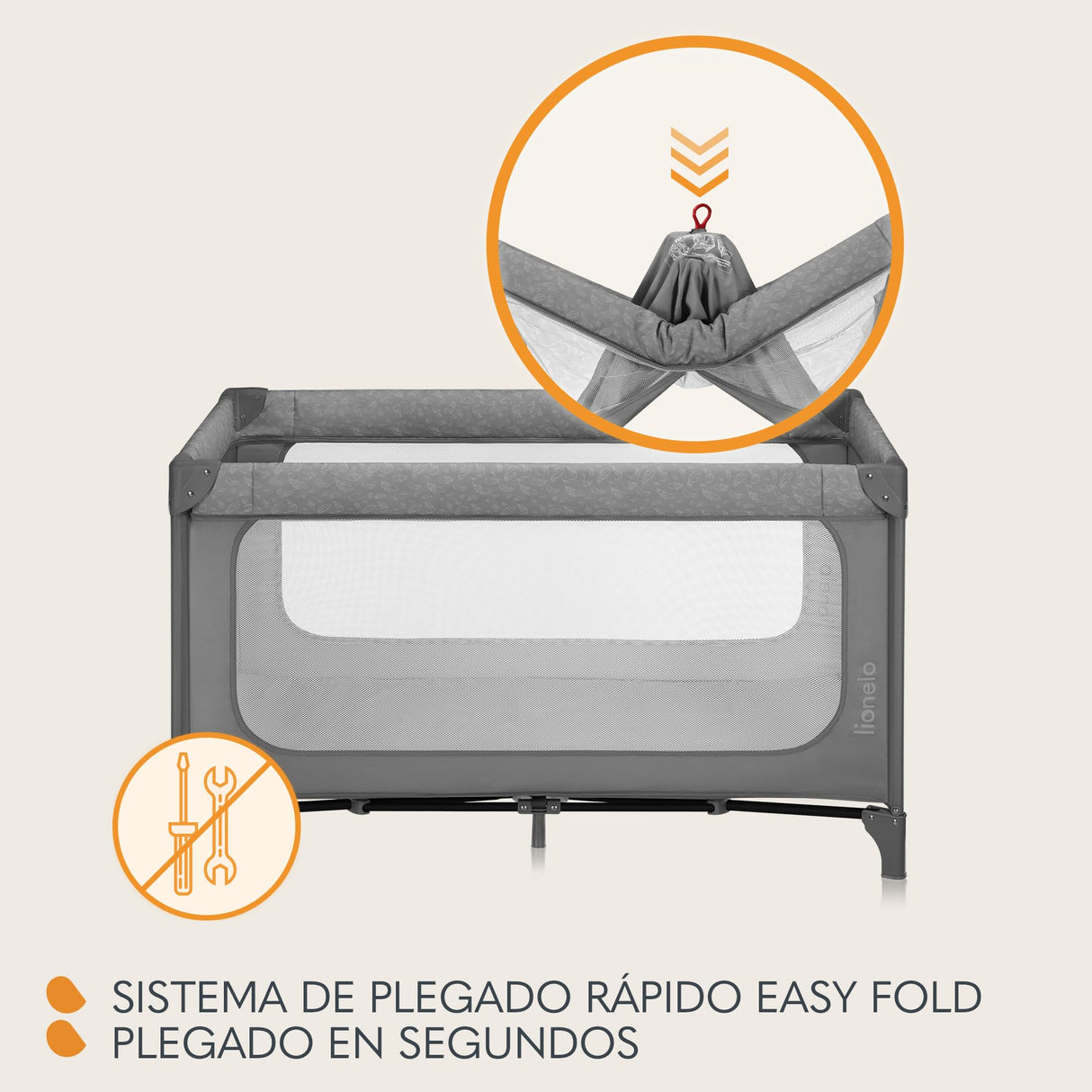 lionelo Jasmin Easy FoldCuna de Viaje para Niños de hasta 15 kg de 0 a 36 Meses Colchón de Espuma T25, 2 Niveles de Altura, Easy Fold, Entrada Lateral, Ruedas (Grey Stone)