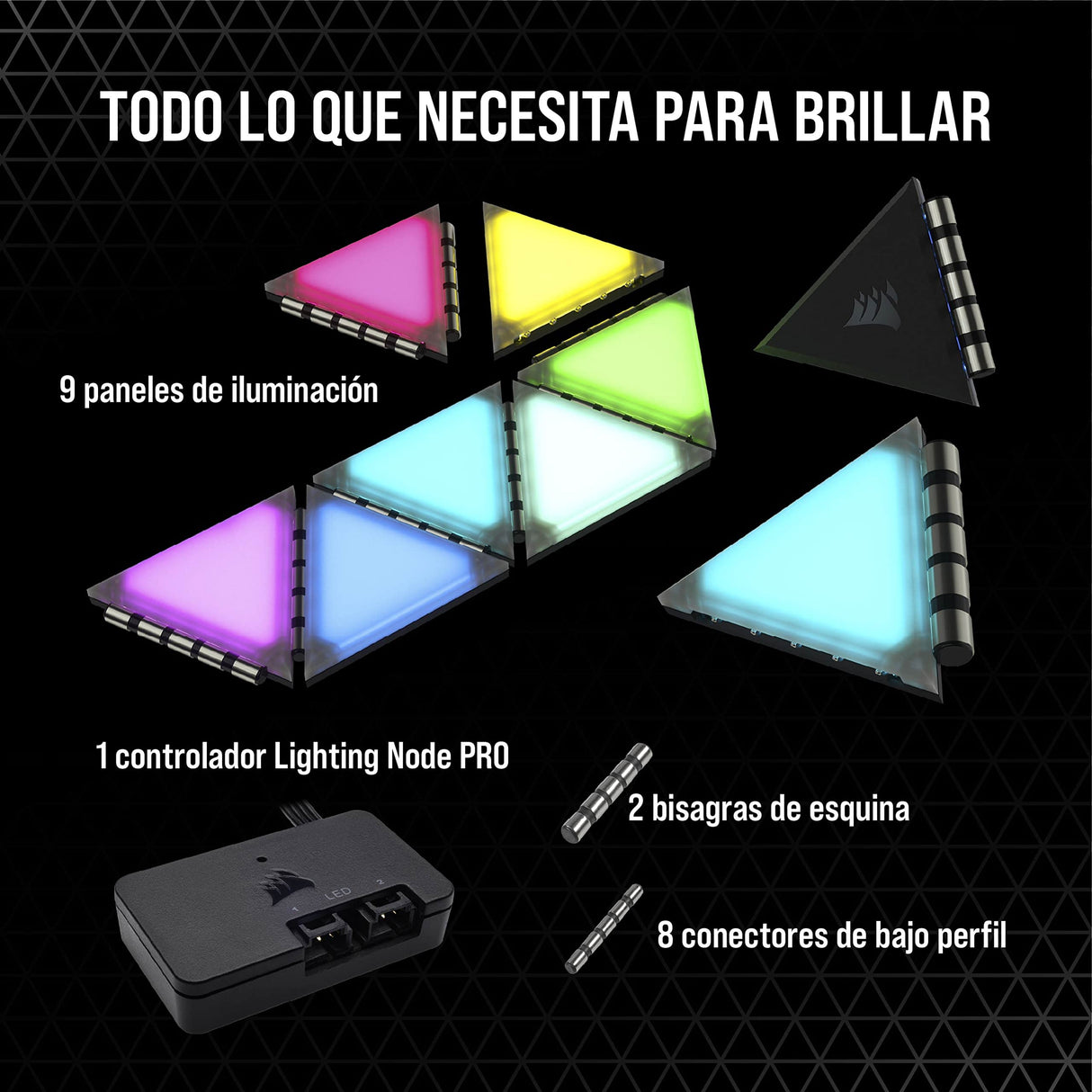 Corsair iCUE LC100 Paneles de iluminación para chasis - Minitriángulos - Kit de inicio de 9 paneles (81 LED con difusión de la luz, Sencillo acoplamiento magnético, iCUE Lighting Node PRO incluido)